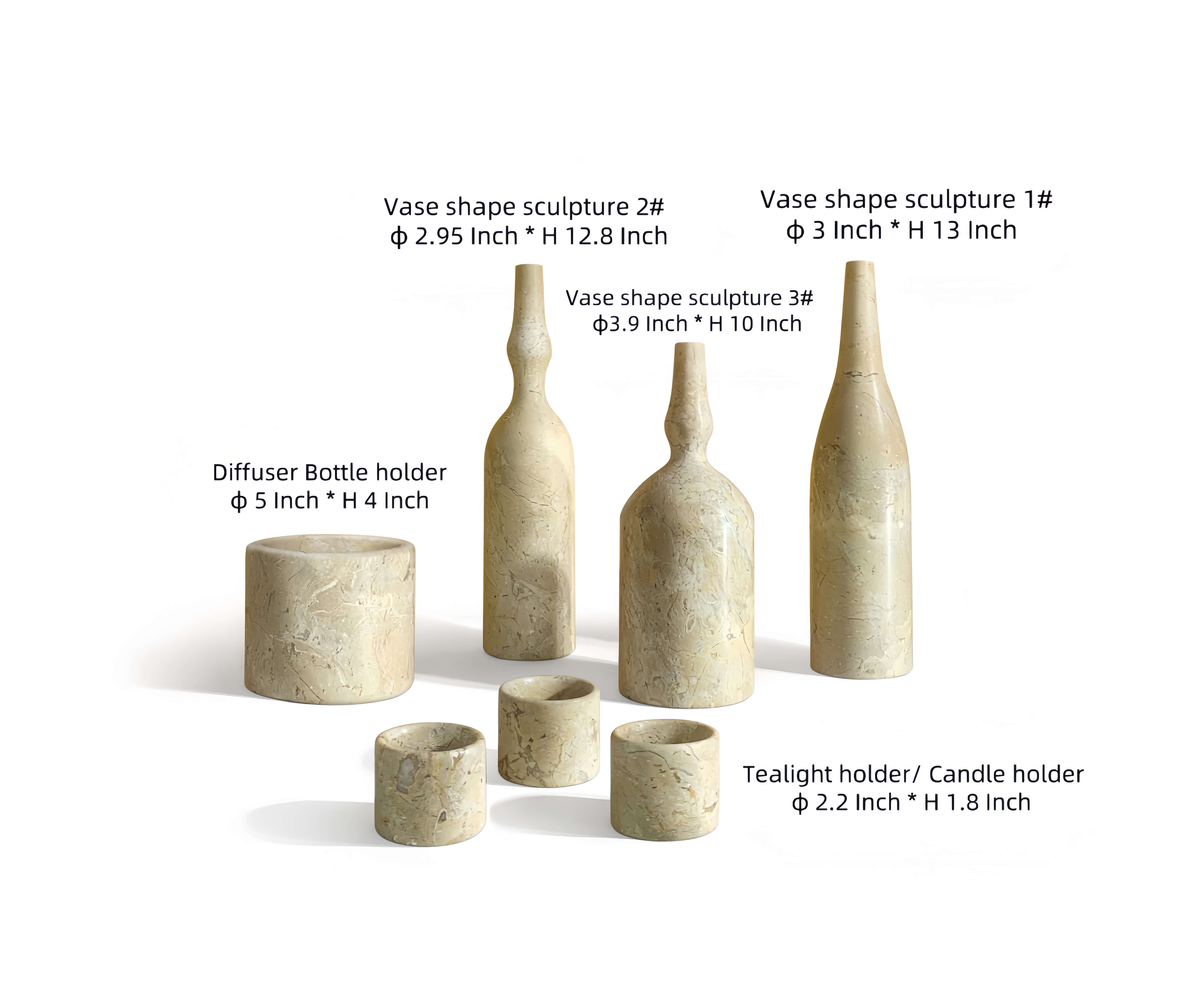 Dimensions and size specifications for the 7-piece Hyatt Gold natural marble decor set, detailing measurements for vases, tealight holders, and diffuser holder.