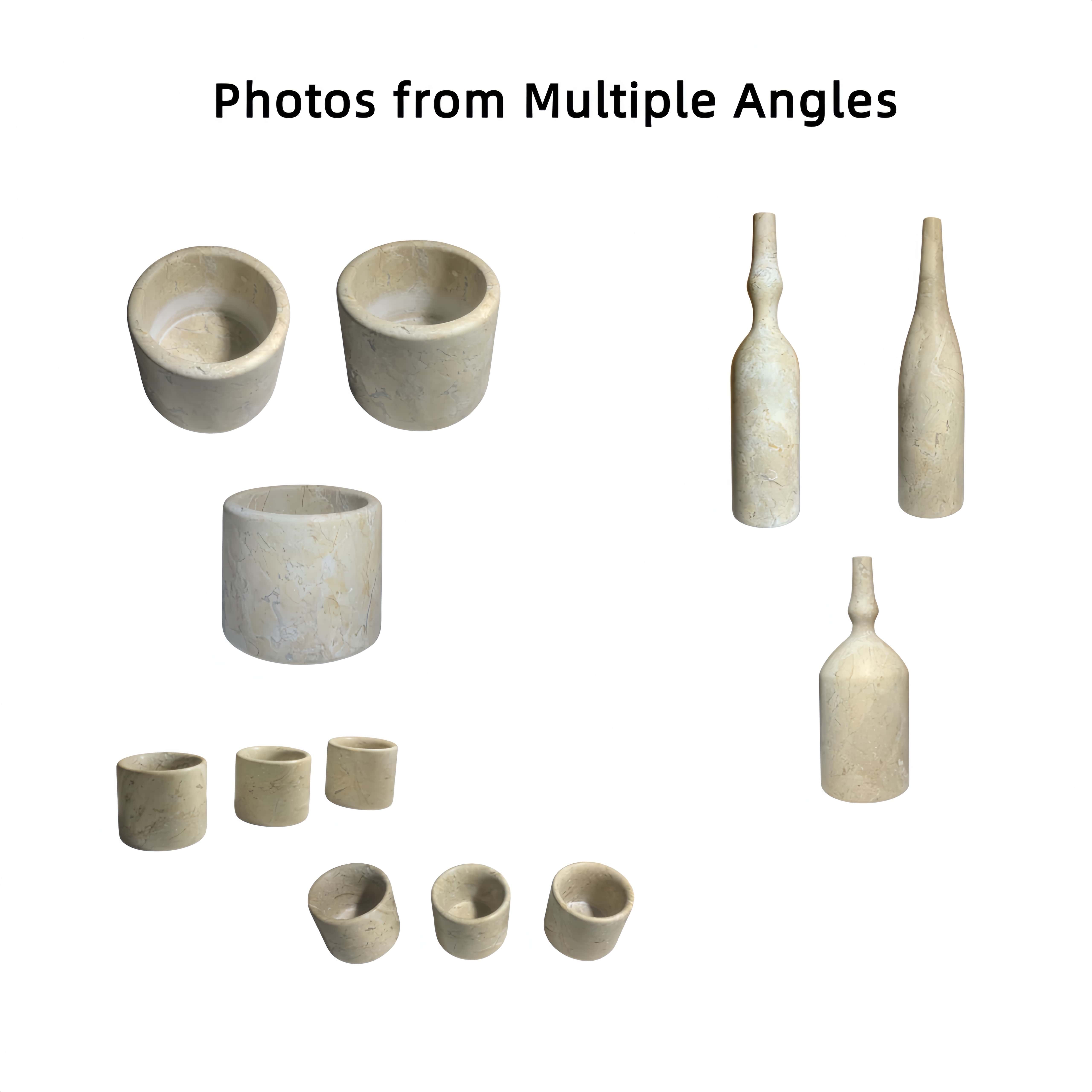 Multiple angle views of the matte natural marble decor set, including a top-down perspective showing the hollow crafted interiors.