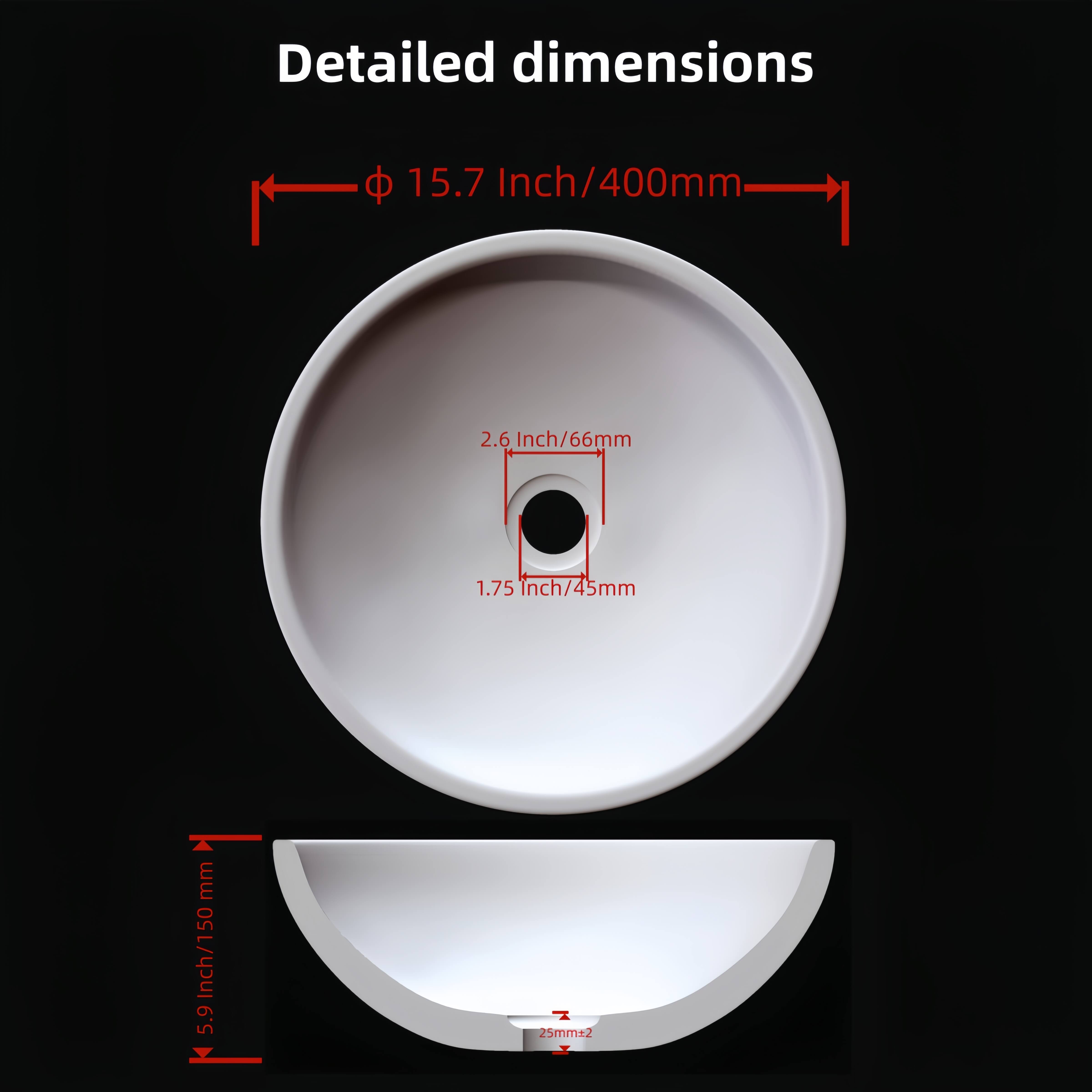 Technical dimension drawing of the green marble vessel sink, detailing the 15.7-inch diameter, 5.9-inch height, and 1.75-inch drain hole size.
