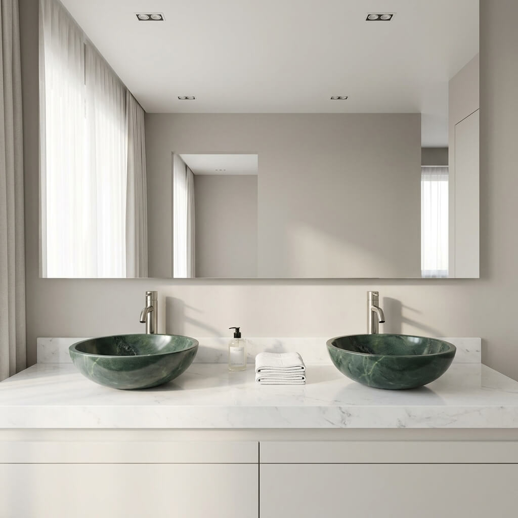 Dual diamond green polished marble round vessel sinks resting on a white marble countertop with subtle veining, paired with deck-mounted brushed nickel faucets and a large frameless mirror in an ultra-modern minimalist bathroom.