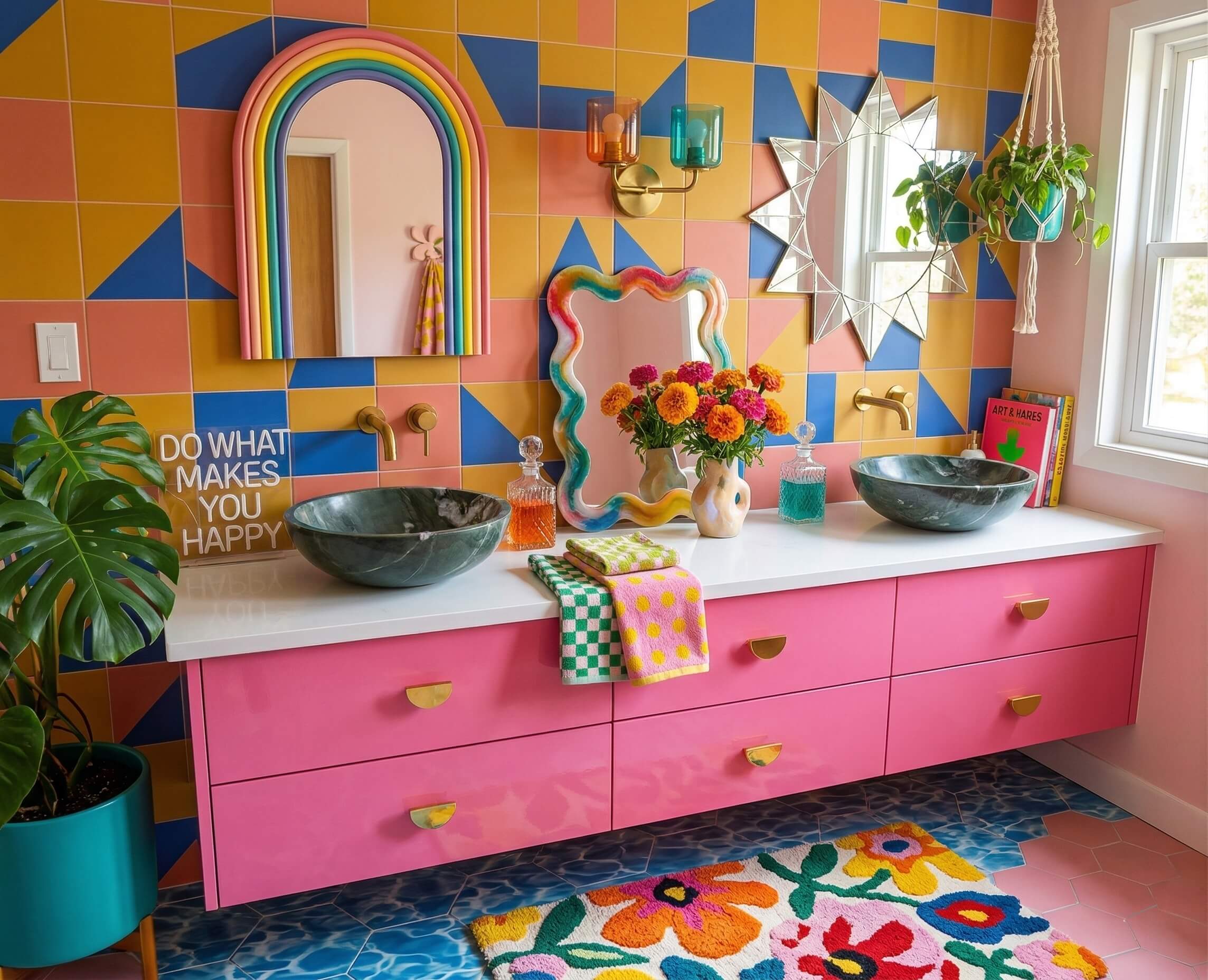 Dual diamond green natural marble round vessel sinks installed on a vibrant pink floating vanity with a white countertop, set against a colorful geometric tile wall with eclectic mirrors and brass fixtures.