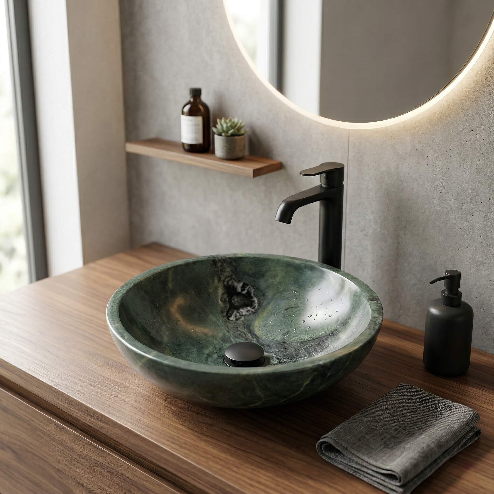 Lifestyle view of the 15.7-inch green marble circular vessel sink paired with a sleek metallic faucet, reflecting the high-end finishes on its glossy polished surface.
