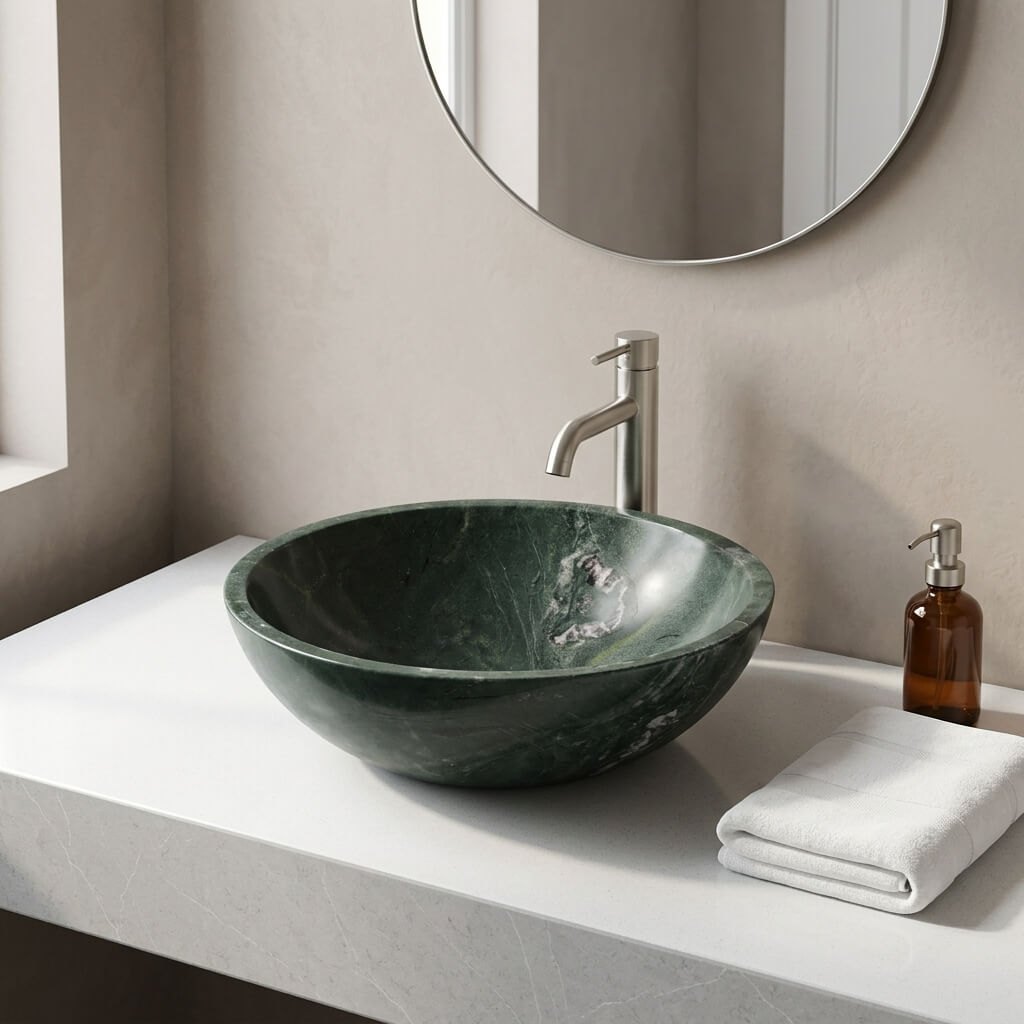 Spa-inspired bathroom setting featuring the polished diamond green marble washbasin on a clean, minimalist countertop, creating an elegant and organic interior aesthetic.
