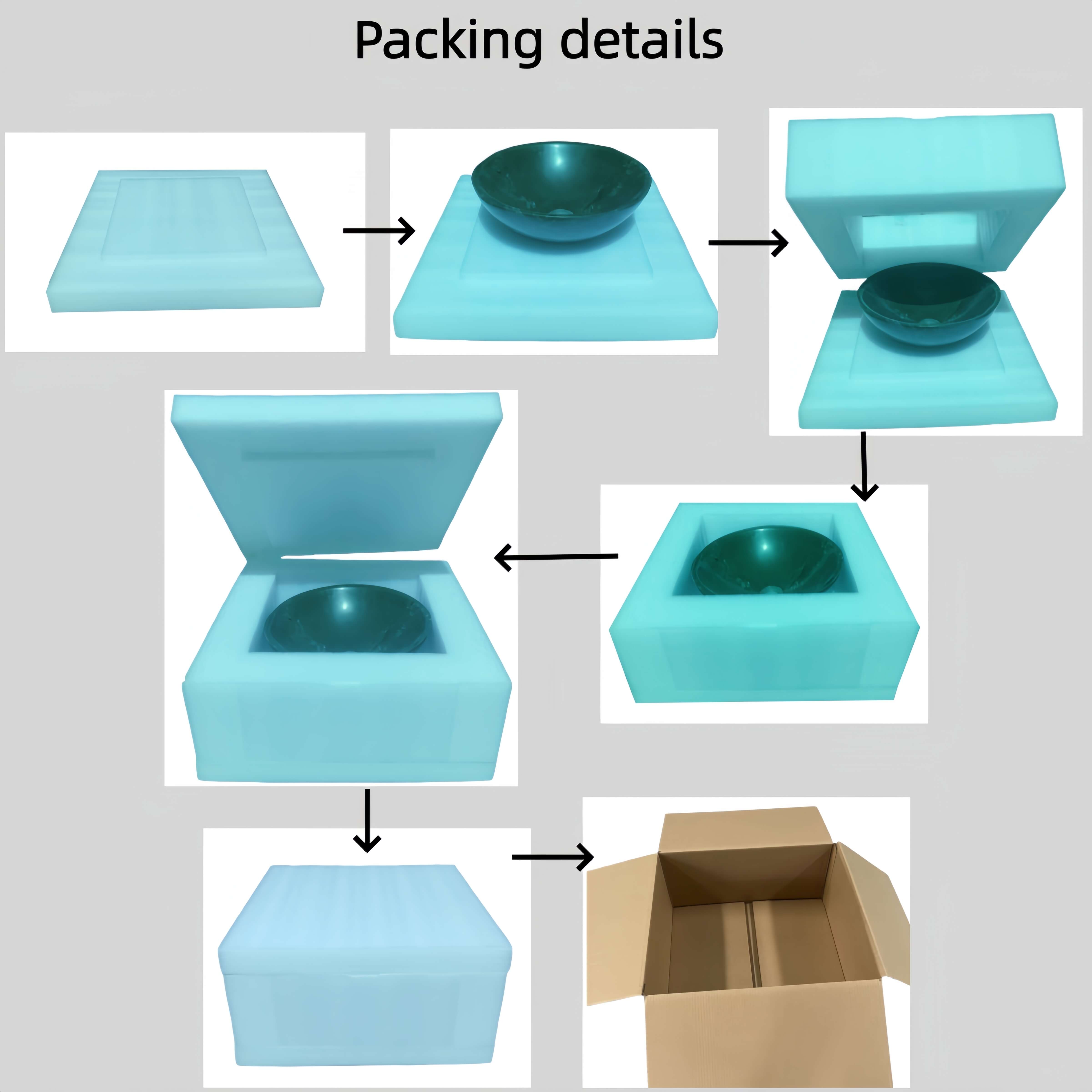 Detailed view of the secure, damage-proof packaging for the diamond green marble vessel sink, featuring custom-fitted protective foam and a heavy-duty carton to ensure safe delivery from our USA warehouse.