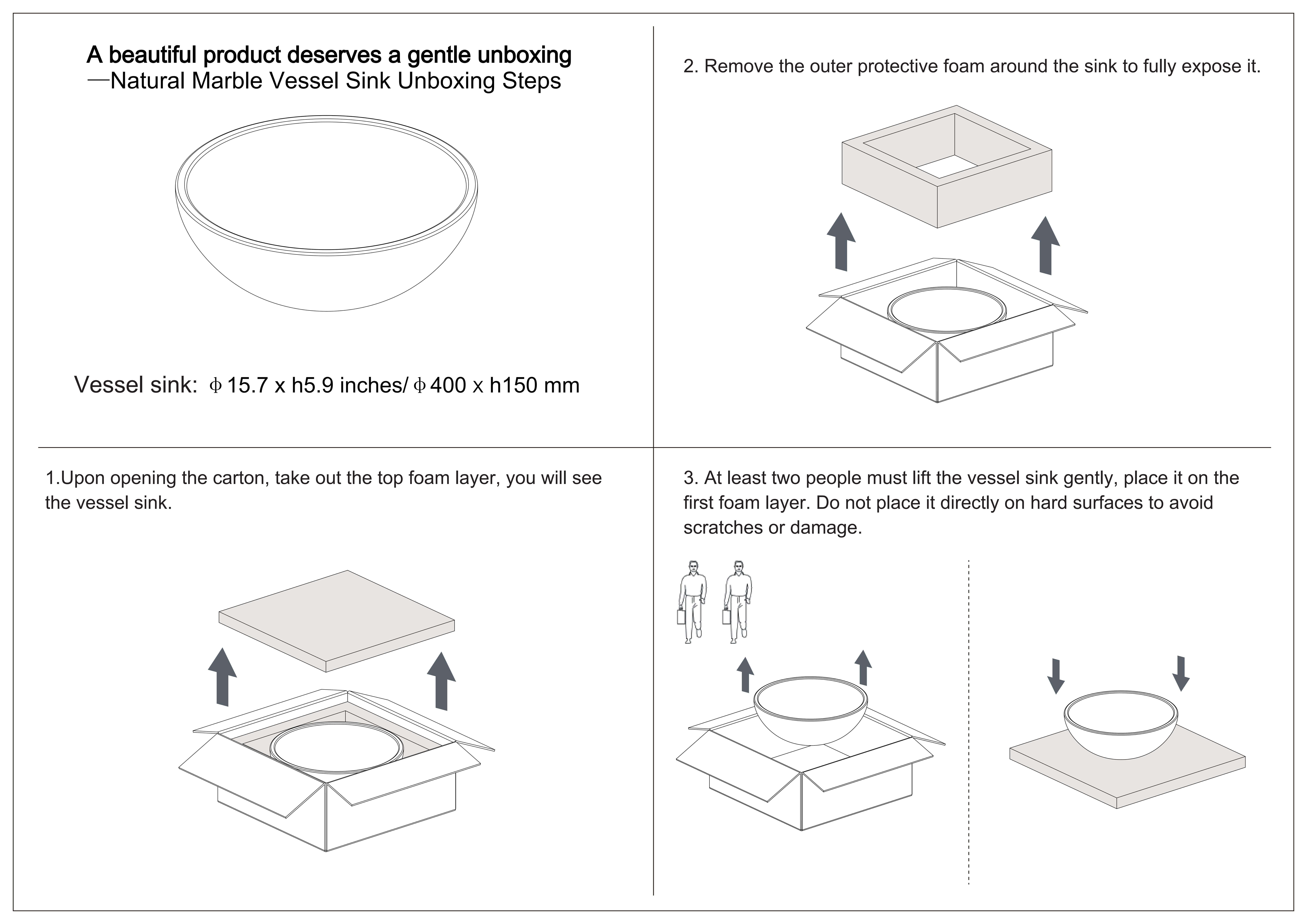 Step-by-step unboxing guide for the round natural marble vessel sink, illustrating the straightforward unpacking process and preparation for a simple above-counter installation.