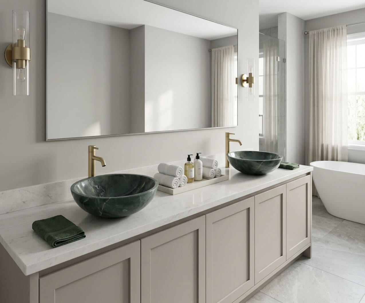 Two polished diamond green marble circular vessel sinks on a white countertop with beige shaker cabinets, paired with brushed gold faucets in a modern neutral bathroom featuring a large mirror and freestanding white tub.