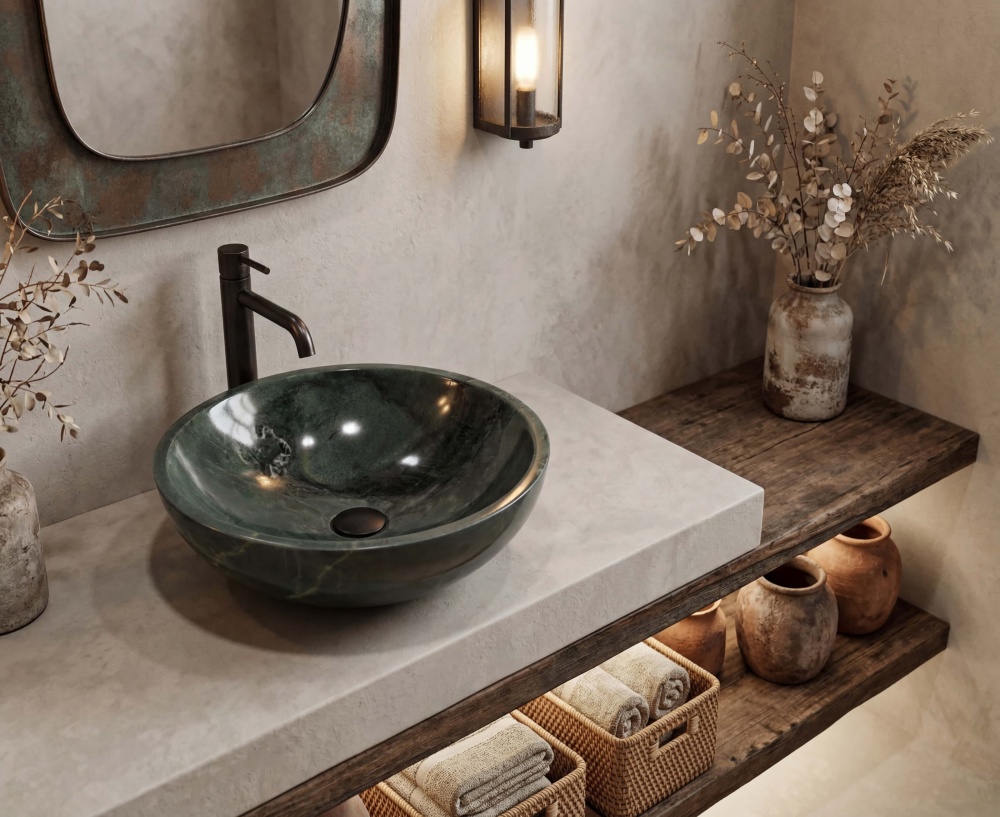 The diamond green natural marble circular vessel sink installed above a solid wood bathroom vanity, paired with a modern faucet, highlighting the stone's rich green tones in a natural light setting.