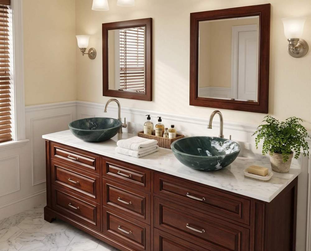 Two polished diamond green marble washbasins resting on a white marble countertop above a traditional dark cherry wood vanity, accented by brushed nickel faucets and dark wood framed mirrors in a classic bathroom setting.