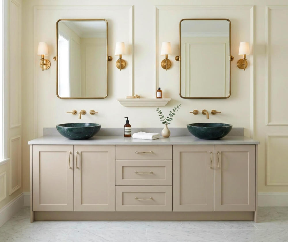 Two diamond green natural marble circular vessel sinks installed on a beige shaker vanity with a grey countertop, complemented by wall-mounted brass faucets, brass-framed mirrors, and classic cream wall paneling in a transitional bathroom.