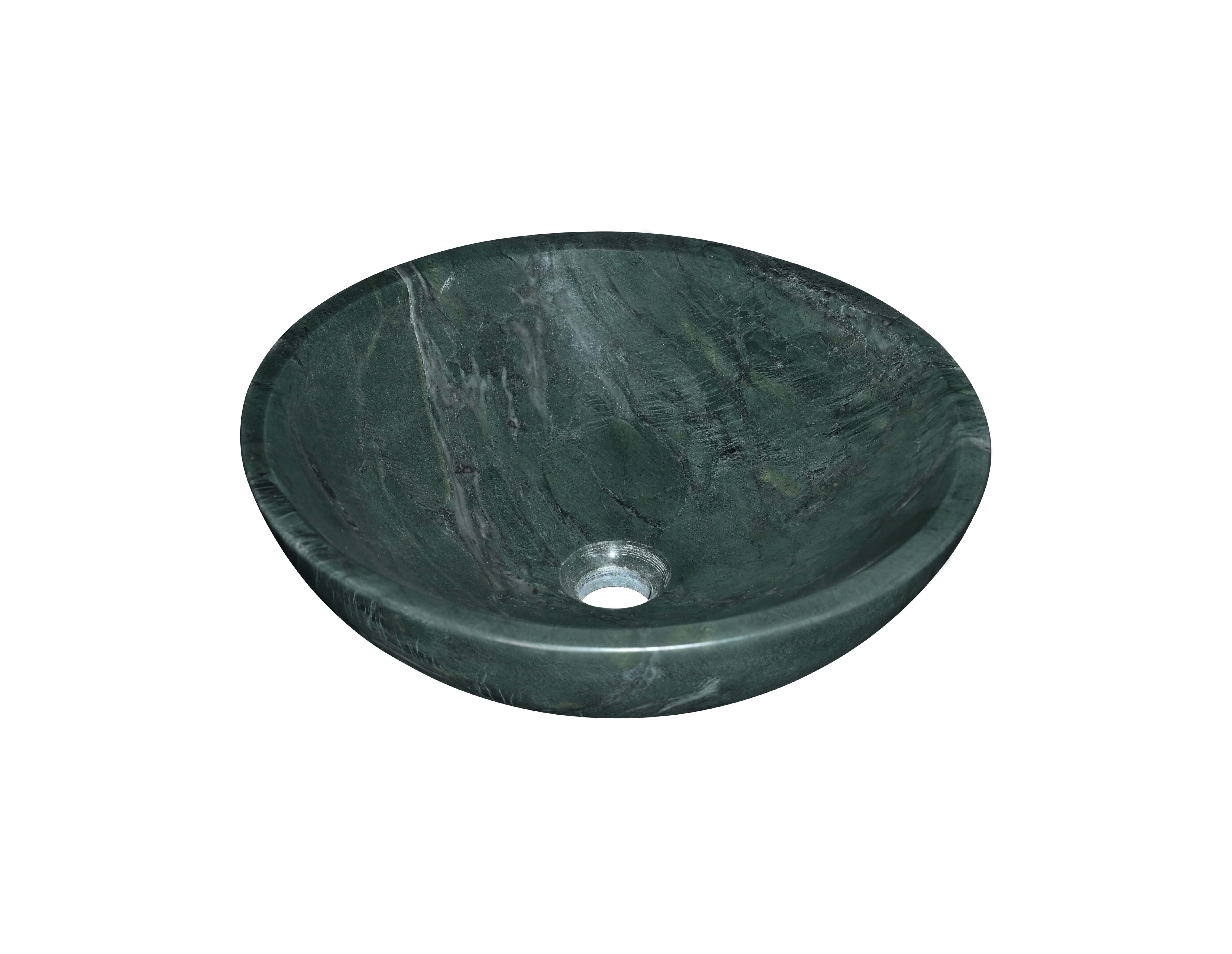 Close-up of the polished surface on the diamond green marble washbasin, emphasizing the authentic, one-of-a-kind natural stone veining and texture.