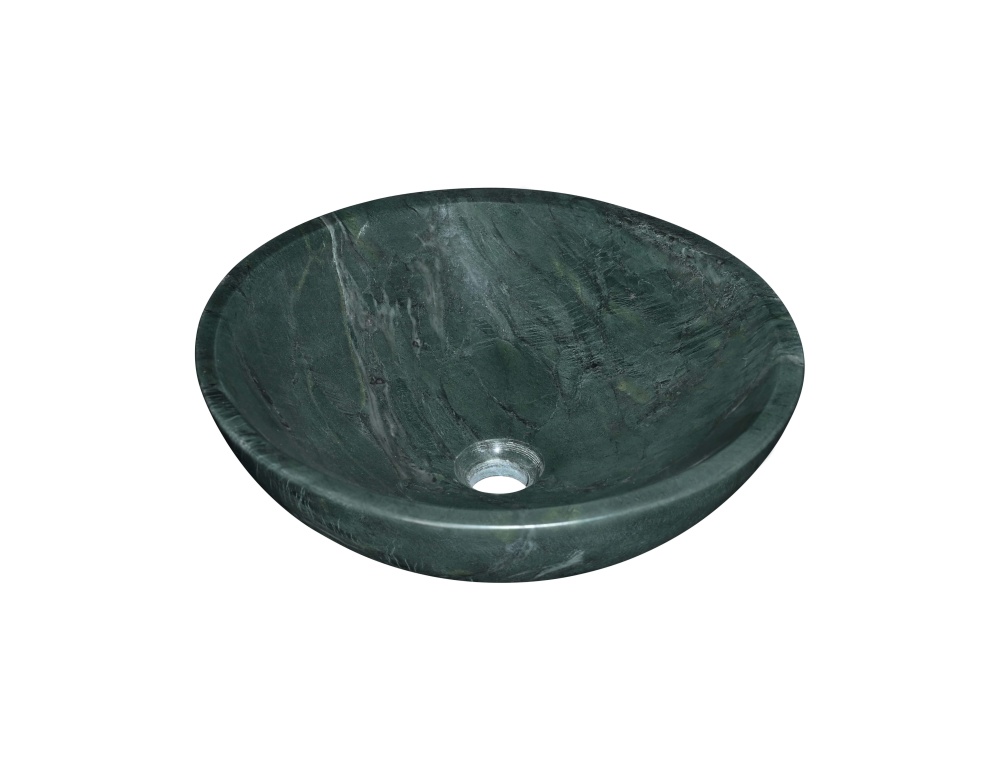 Close-up of the polished surface on the diamond green marble washbasin, emphasizing the authentic, one-of-a-kind natural stone veining and texture.