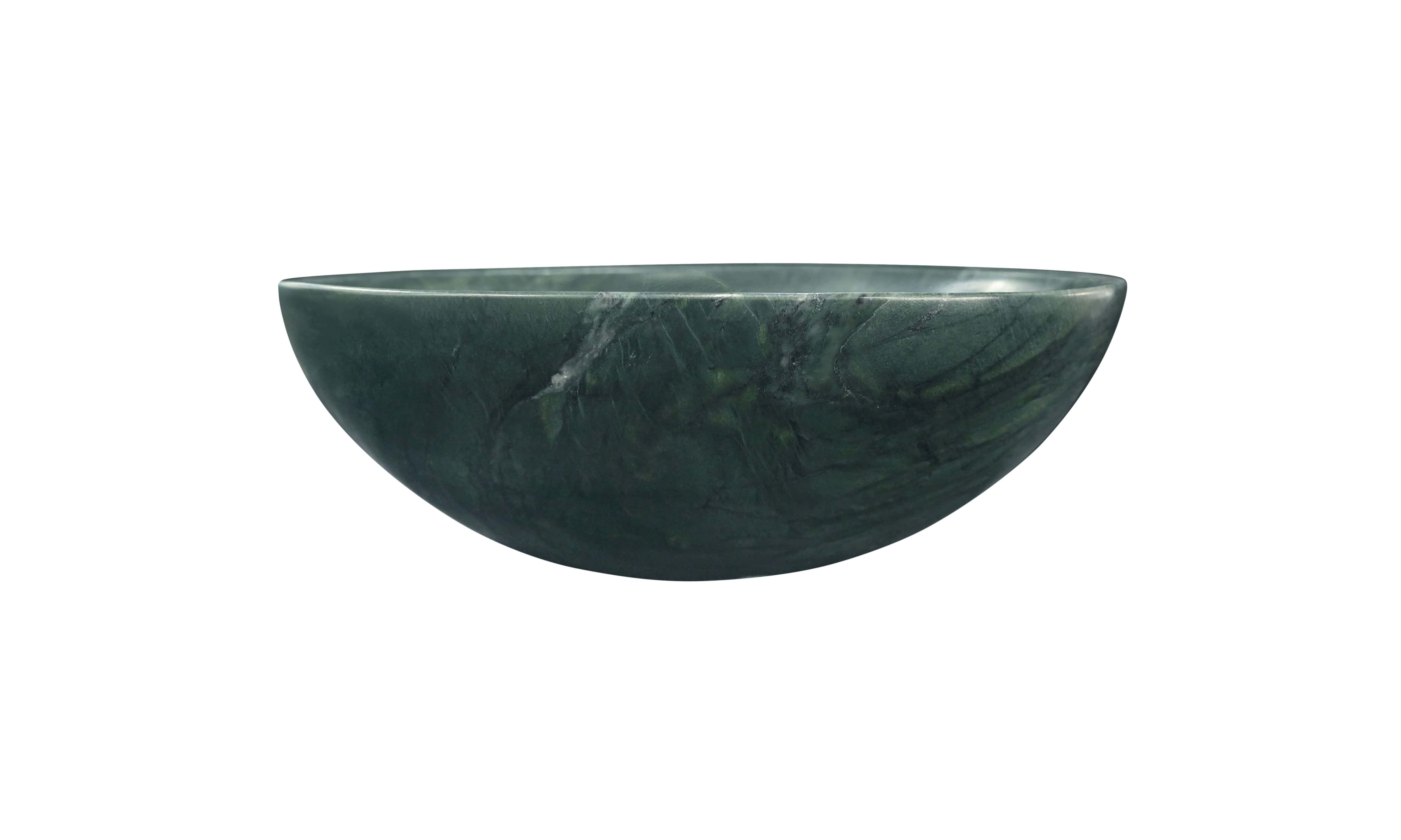 Above-counter perspective of the diamond green marble vessel sink, demonstrating its elegant circular shape designed for modern bathroom vanities.
