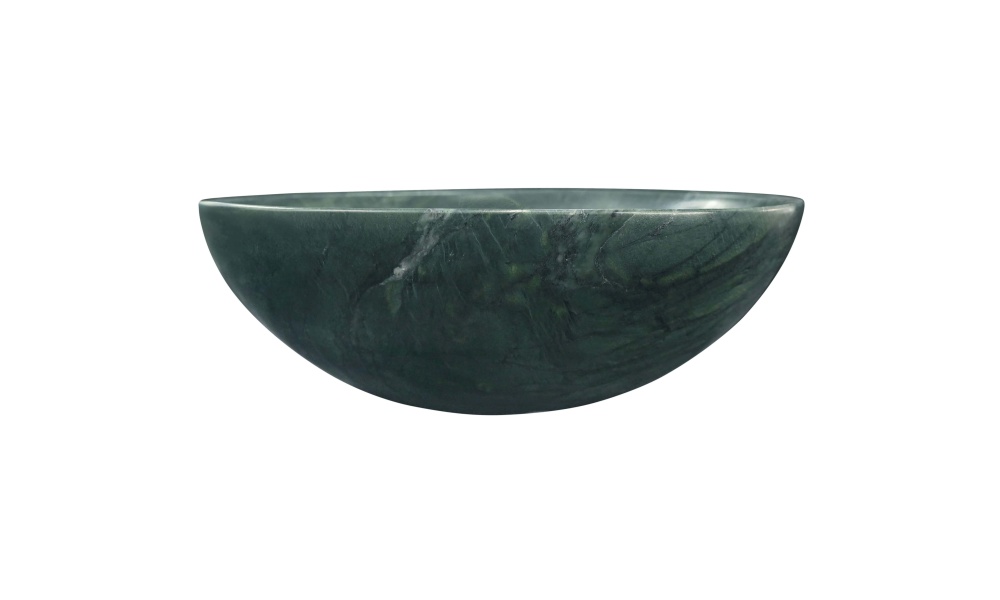 Above-counter perspective of the diamond green marble vessel sink, demonstrating its elegant circular shape designed for modern bathroom vanities.