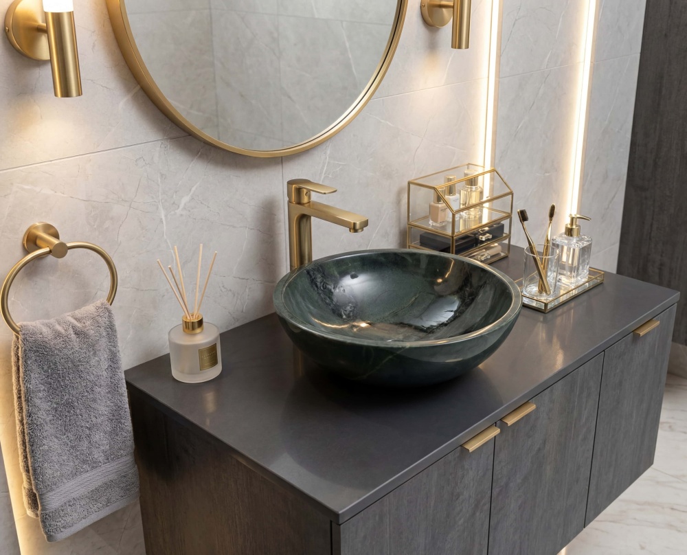 A polished green marble vessel sink serving as the stunning focal point in a moody, contemporary luxury bathroom, resting on a sleek countertop beneath warm ambient lighting.
