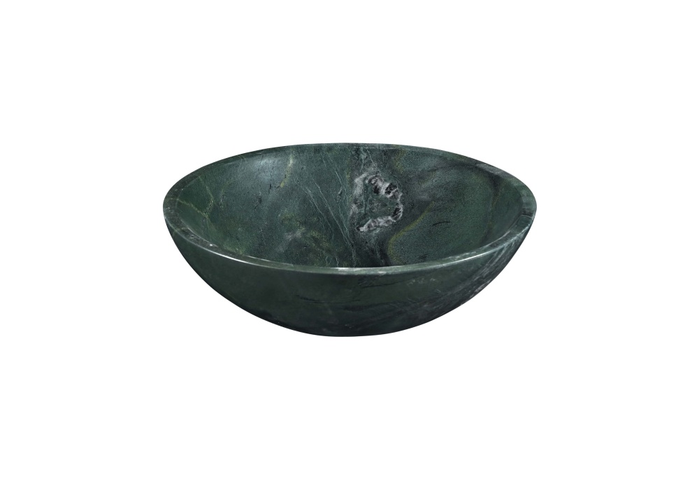 Angled view of the handcrafted round green marble vessel sink, highlighting the glossy polished exterior and smooth circular rim.