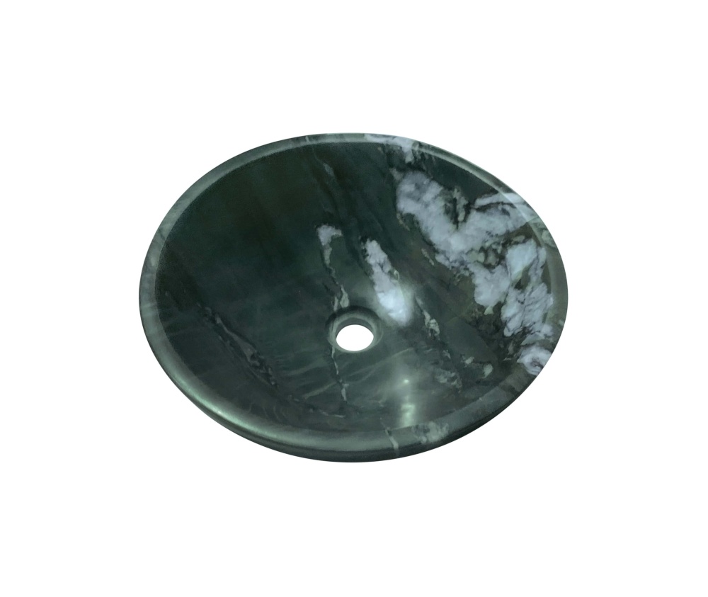 Top-down view inside the diamond green natural marble sink basin, displaying the pre-drilled 1.75-inch standard drain hole and unique stone patterns.