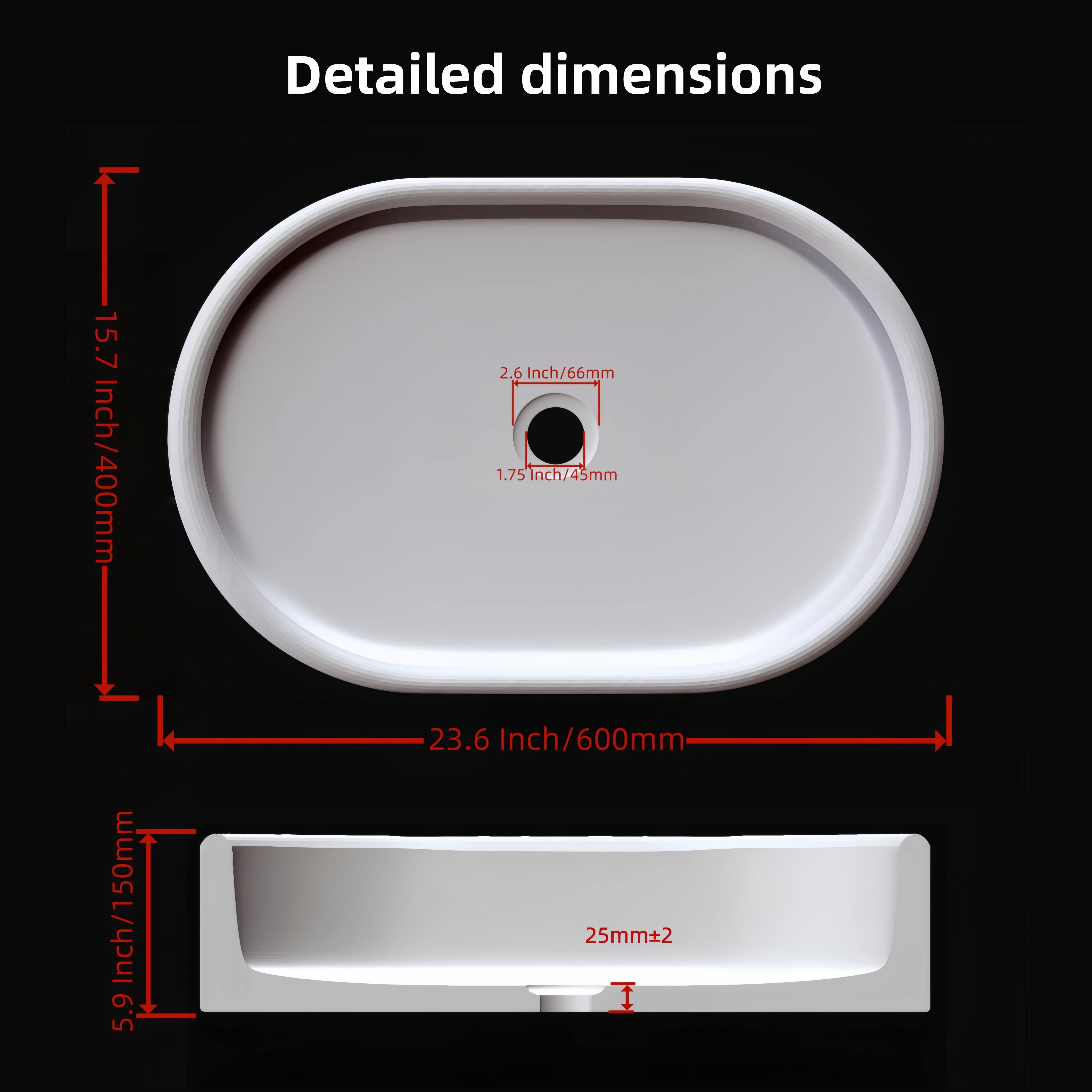 Technical dimension drawing for Diamond Green oval marble sink: 23.6x15.7x5.9 inches (600x400x150 mm) with a 1.75-inch drain hole.