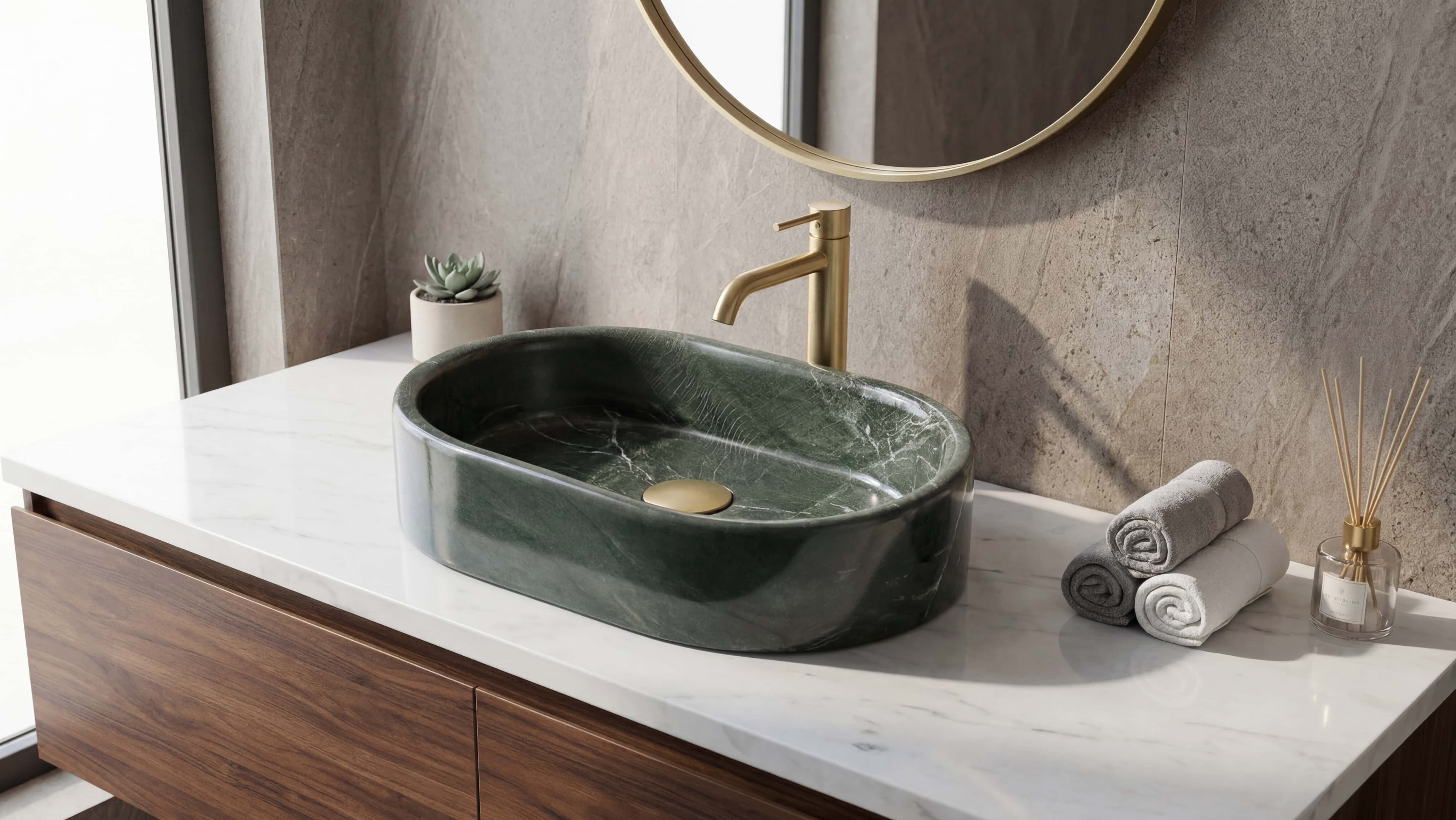 Close-up view of a polished green marble bathroom basin, showing light reflecting directly off its high-gloss curved stone surface on a countertop.