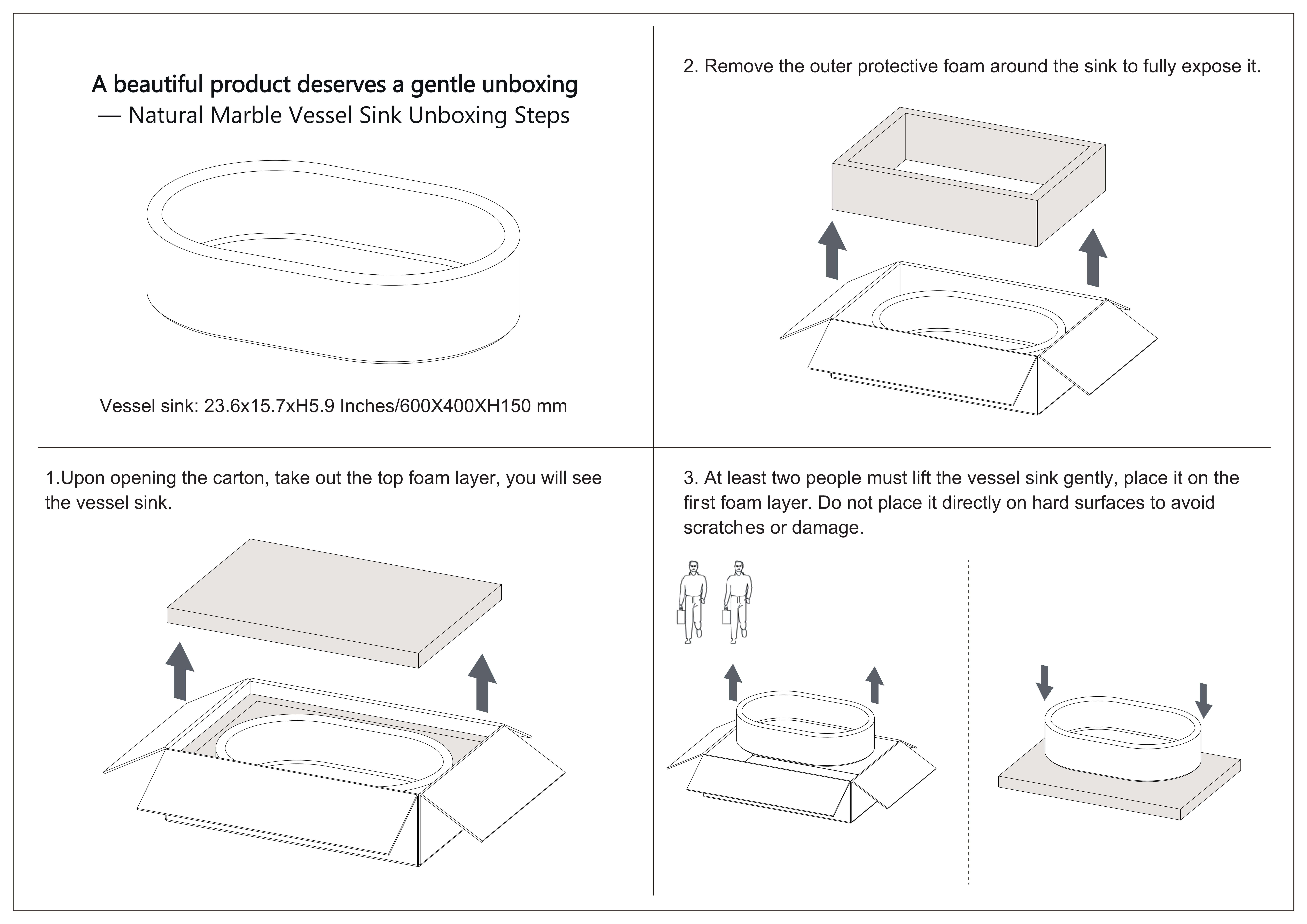 Illustrated unboxing and handling guide for natural marble vessel sinks, recommending two-person lifting to ensure product safety.