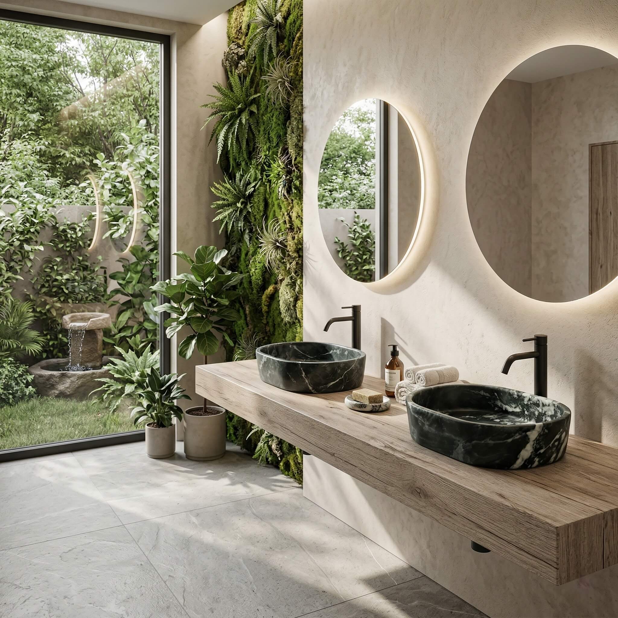 Biophilic master bathroom featuring a double vanity with two green marble oval sinks on a live-edge wood counter, set against a lush vertical moss wall and garden view.
