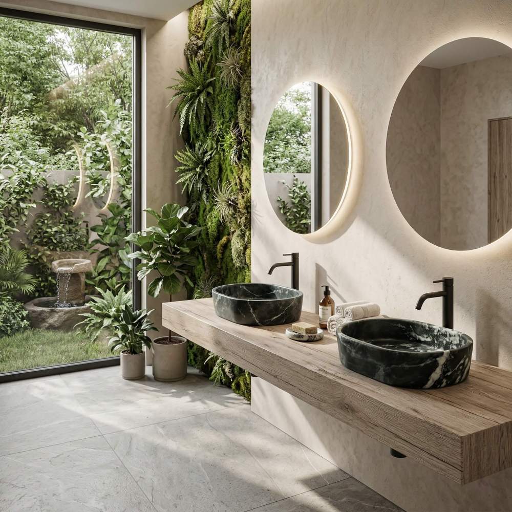 Biophilic master bathroom featuring a double vanity with two green marble oval sinks on a live-edge wood counter, set against a lush vertical moss wall and garden view.