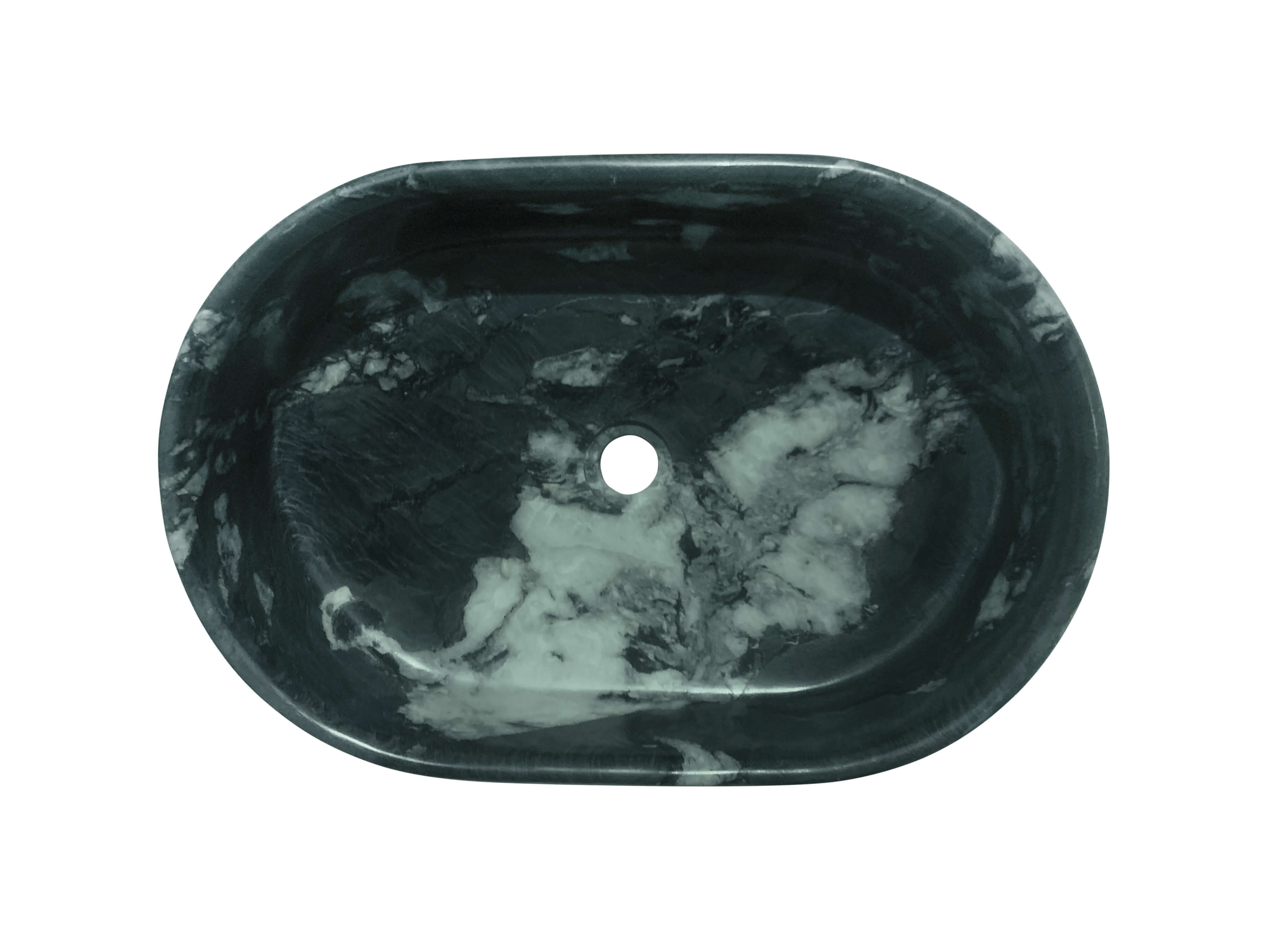Top-down view of the Diamond Green marble basin interior, revealing the unique, one-of-a-kind white and light green marble patterns.