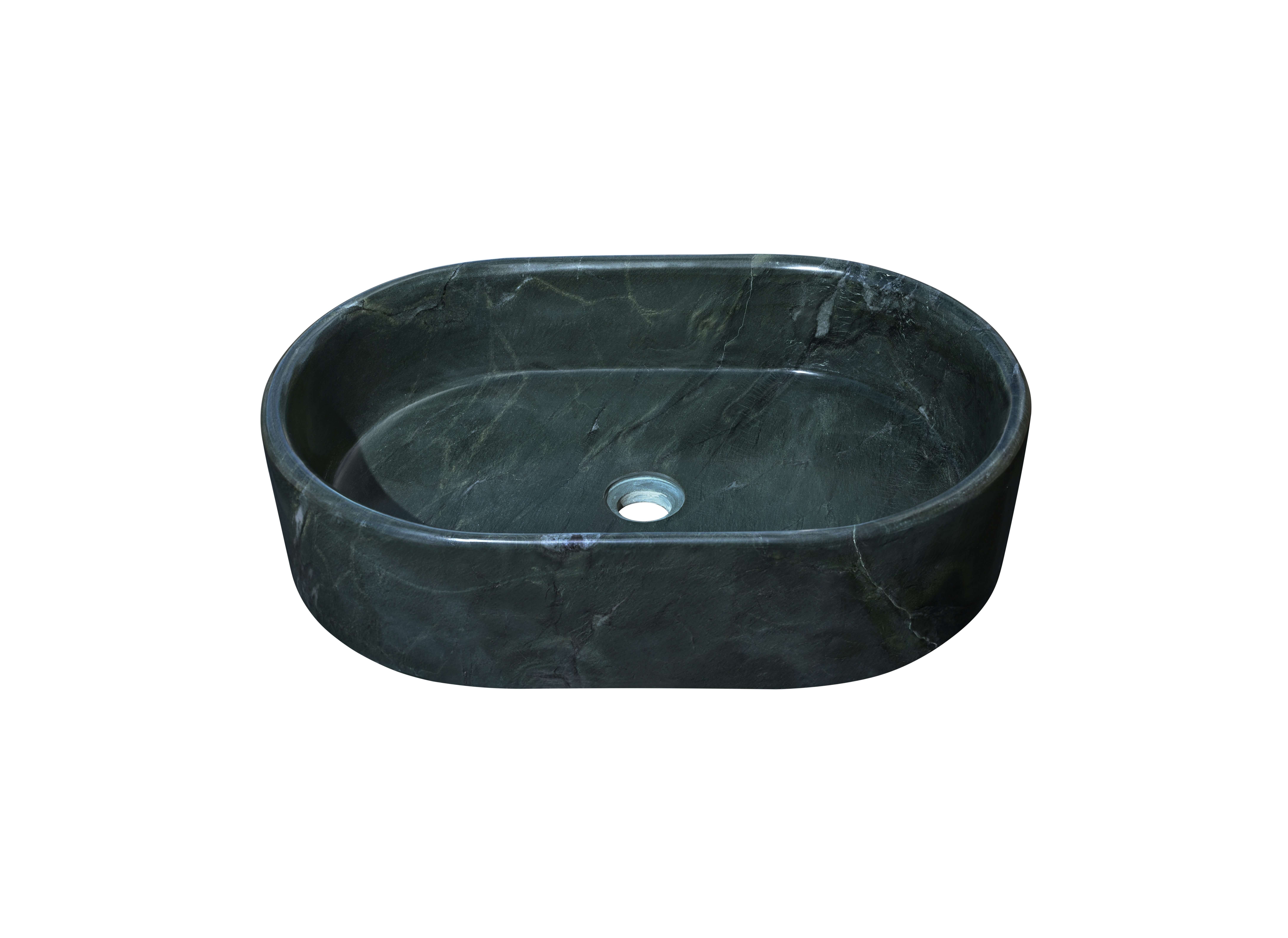 Front perspective of a Diamond Green oval natural marble vessel sink with a high-gloss polished finish, showcasing deep green stone tones.