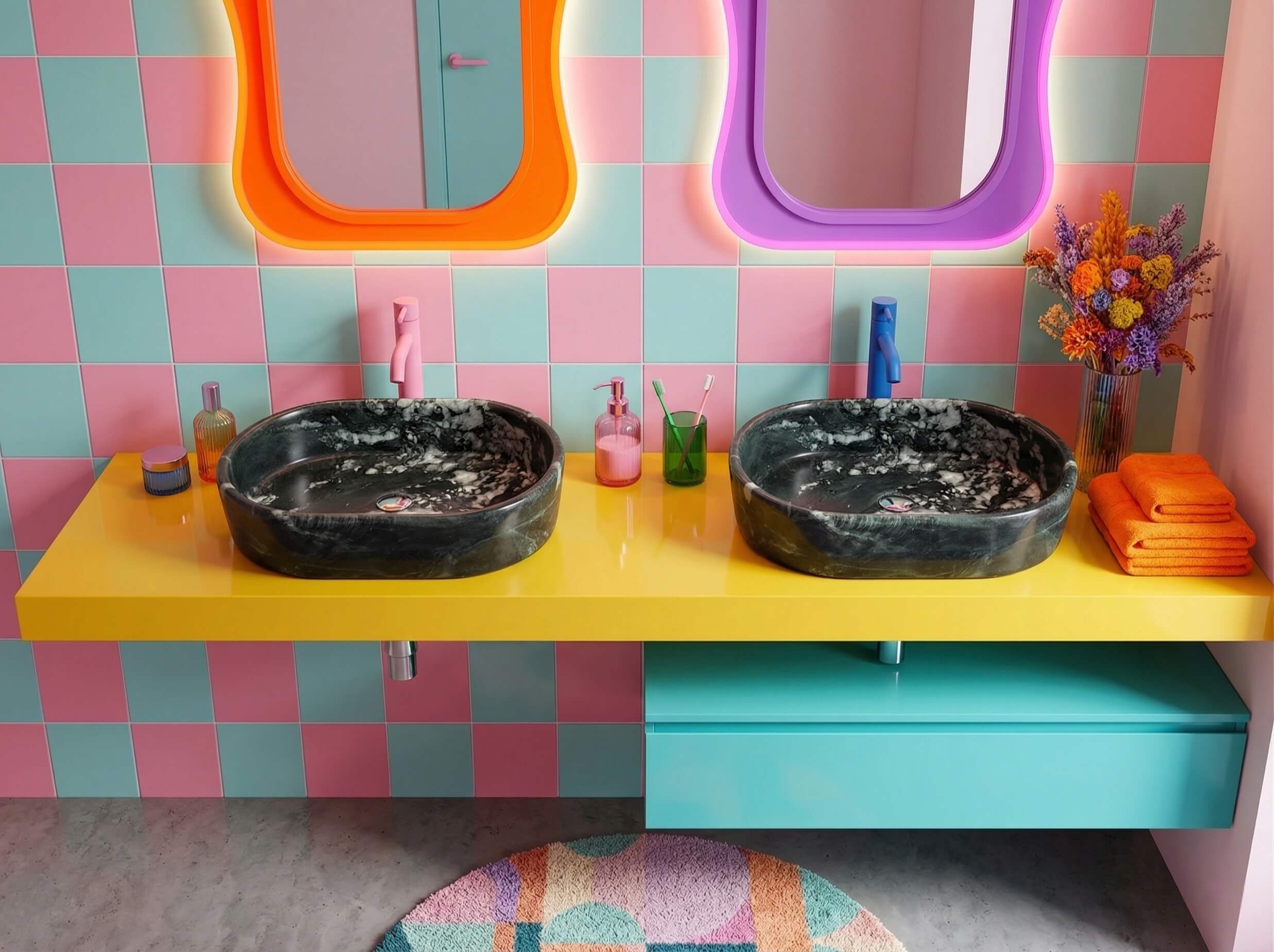 Two oval green natural marble vessel sinks set in a vibrant, dopamine-style bathroom interior featuring highly saturated, colorful decor.