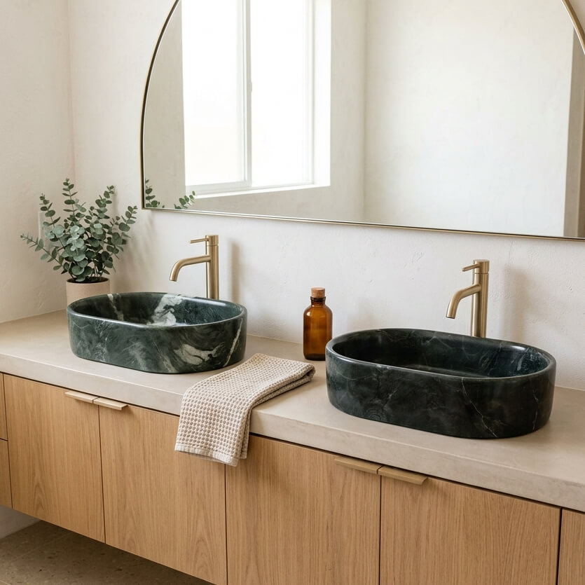 Symmetrical double bathroom vanity featuring a pair of green marble vessel sinks on a light countertop, integrated with deck-mounted faucets and a big arched mirror.