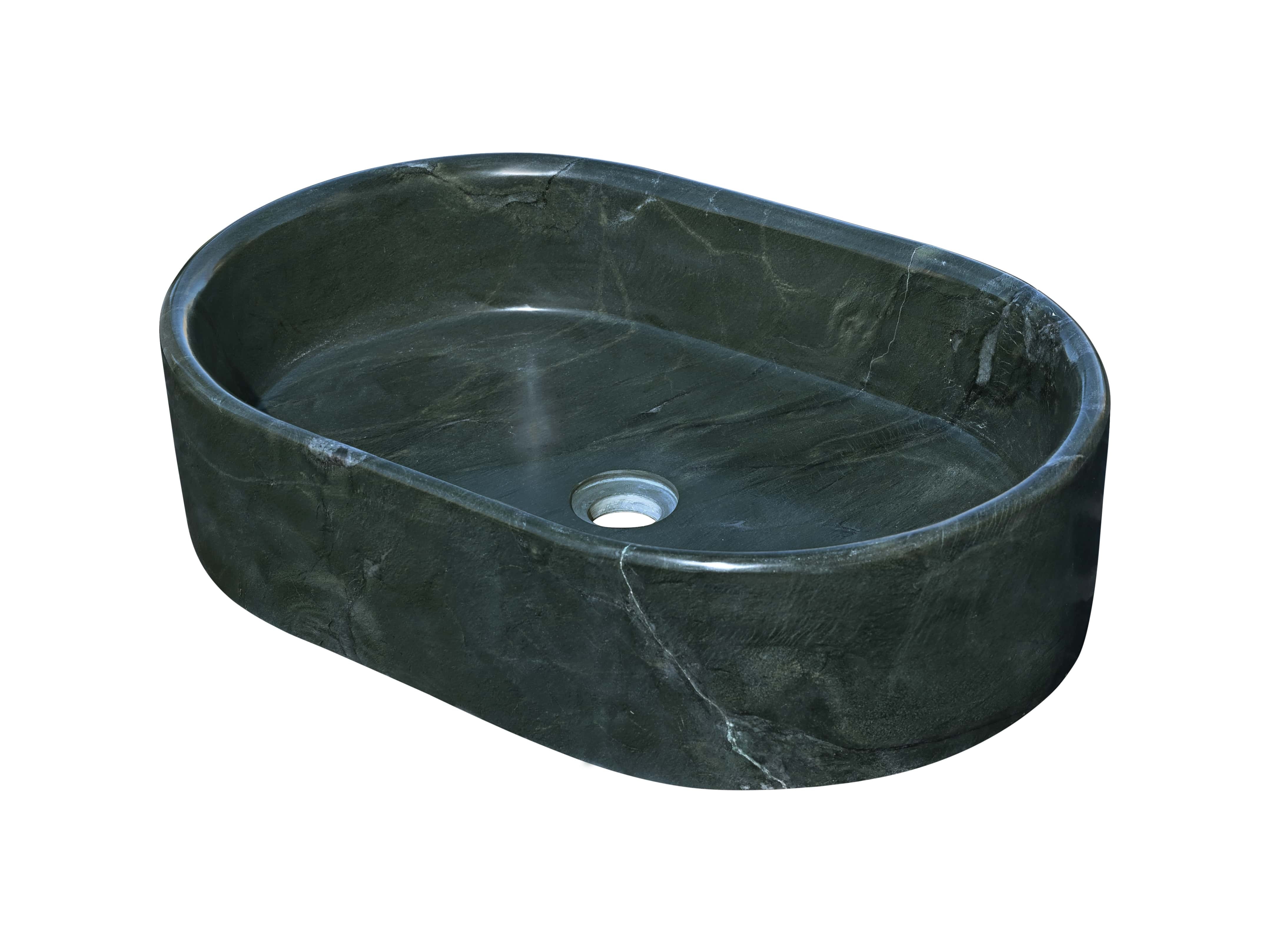 A hand-finished oval Diamond Green natural stone bathroom basin, showing the thick solid marble walls and smooth interior surface.
