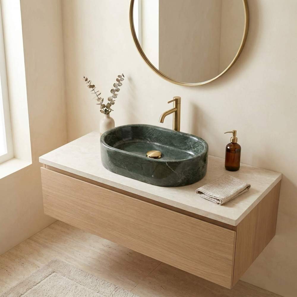 High-angle view of a luxury green stone bathroom sink installed in a modern master bathroom with warm wood accents.