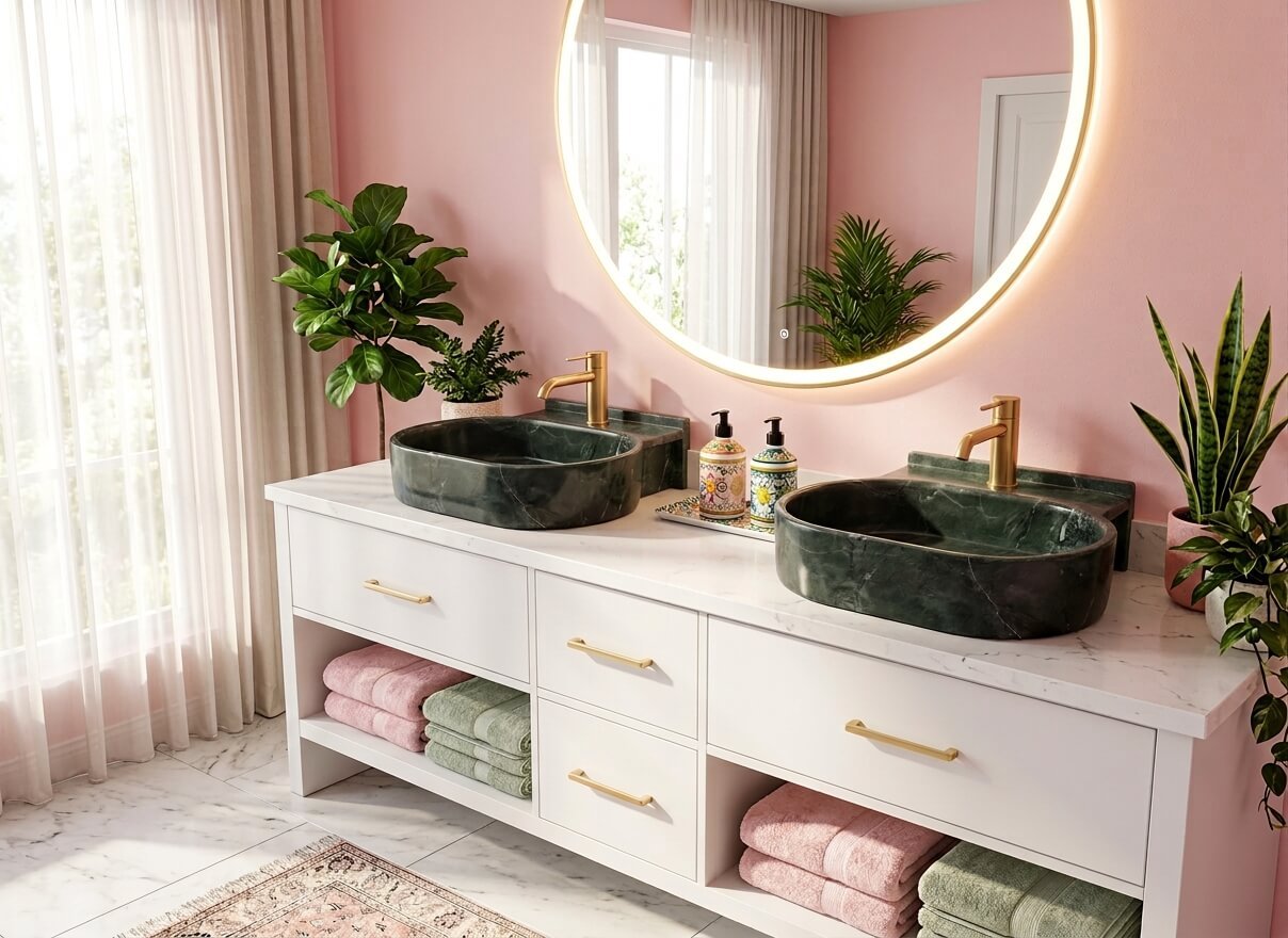 Double white vanity setup with two green marble vessel sinks and custom matching marble backsplashes, paired with gold hardware in a bright room with soft pink walls.