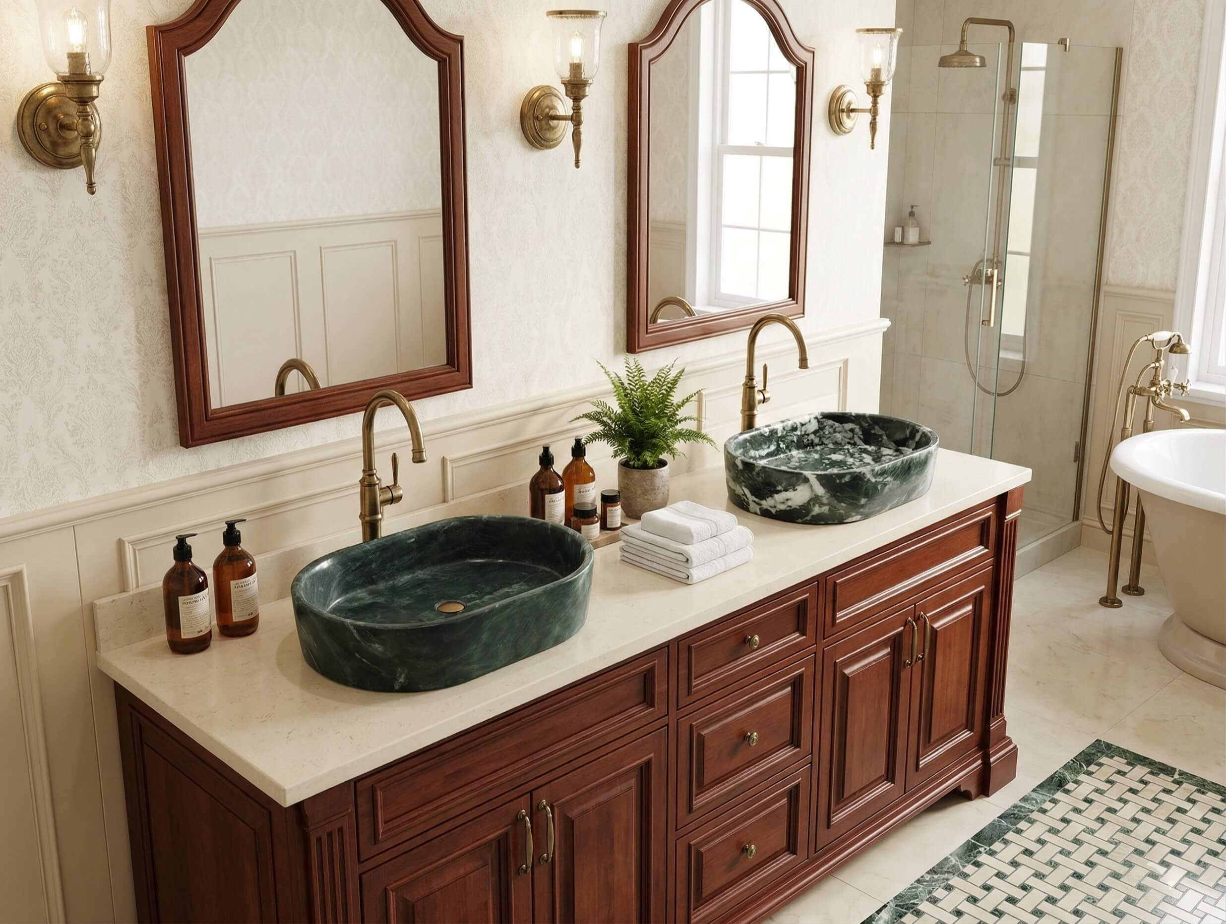 Side-by-side view of a matching pair of Diamond Green oval marble basins, highlighting the unique but harmonious natural veining.