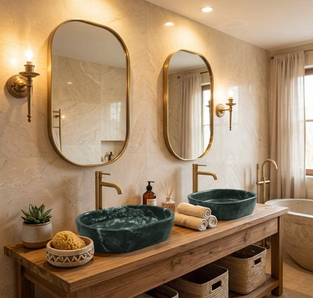 Warm-toned bathroom interior with dual green marble vessel sinks on a rustic wood console, featuring gold faucets, oval mirrors, and travertine-look wall tiles.