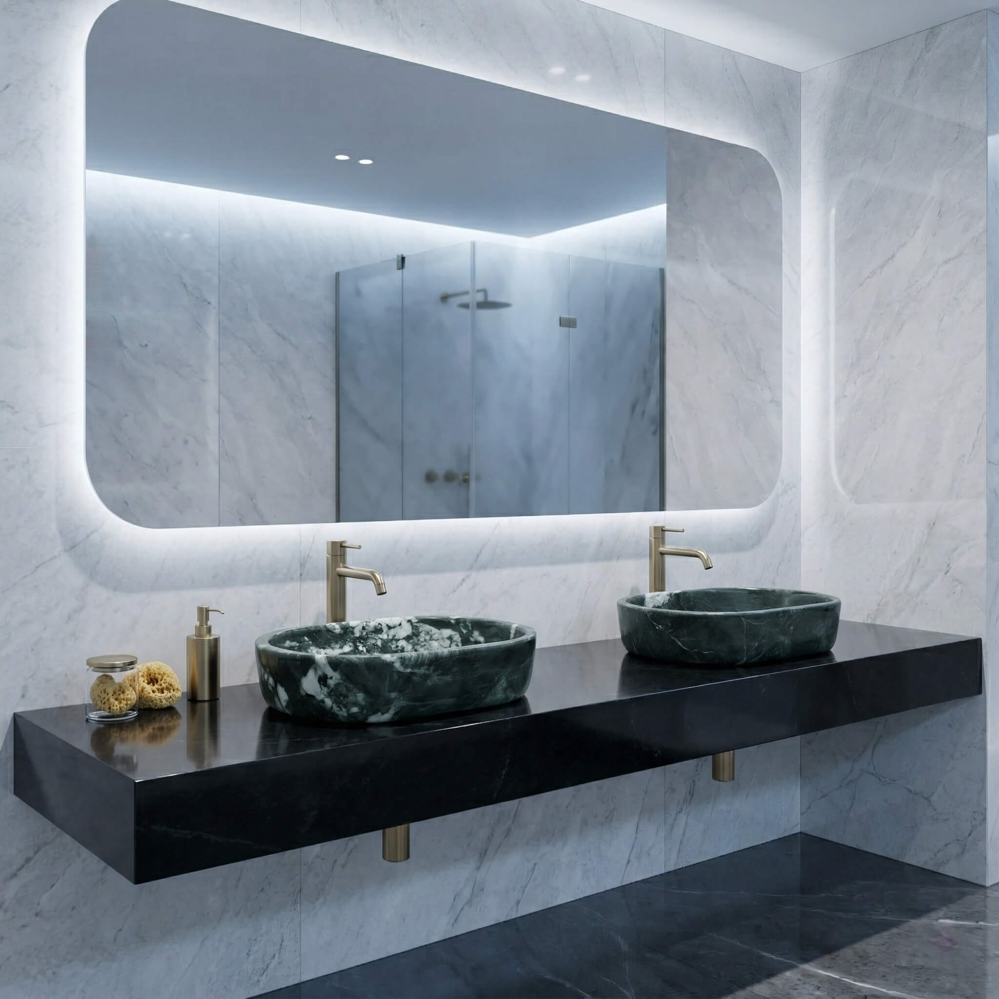 Two green natural stone vessel sinks sitting on a black double vanity surface, featuring a single large wide mirror spanning the setup.