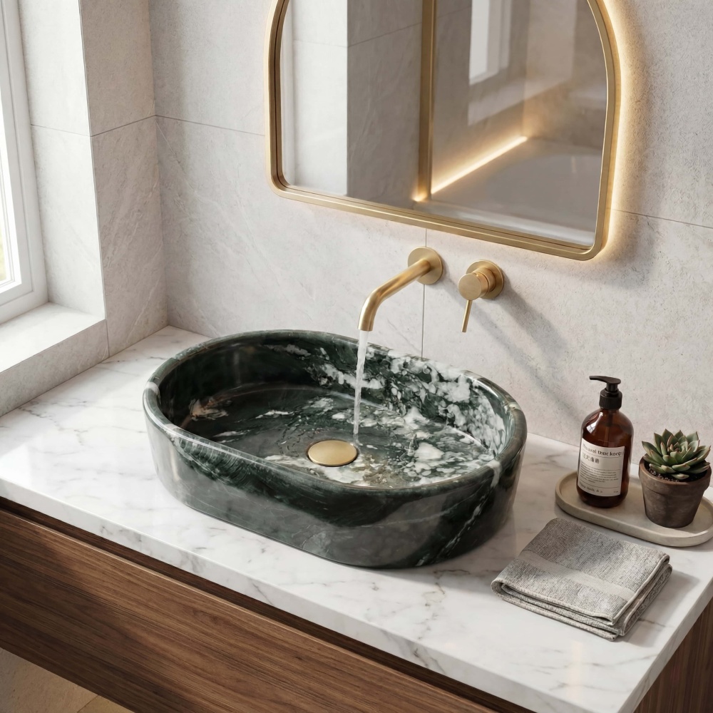 Detail of water flowing into a polished Diamond Green marble basin, showcasing the stone's high-gloss, water-resistant finish.