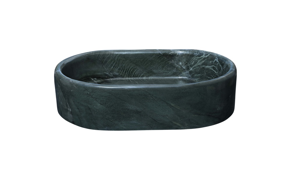 Side profile of the seamless, one-piece carved green marble sink, illustrating the 5.9-inch height and smooth external curvature.