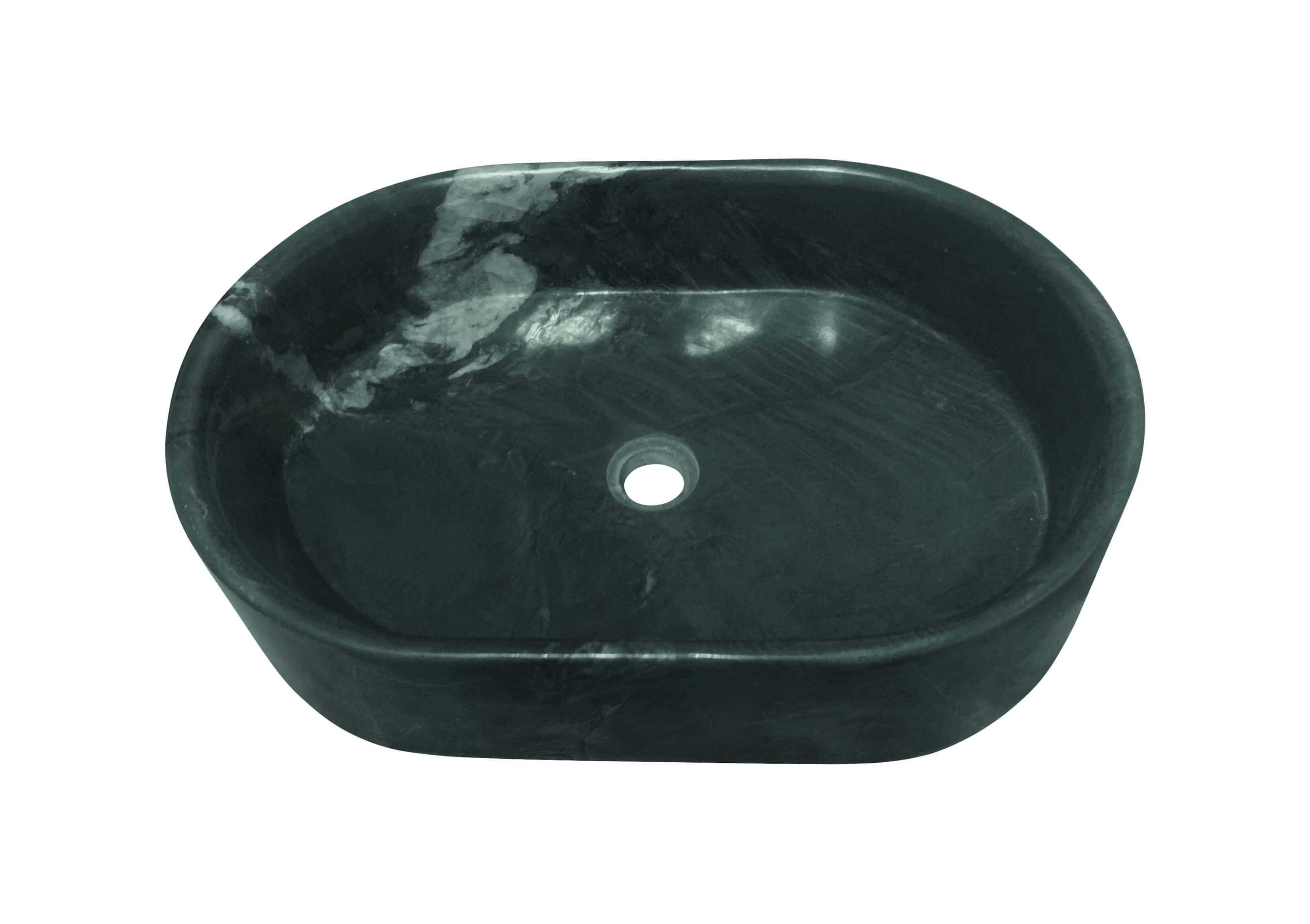 Top-down perspective of the solid stone oval vessel sink showing a distinct organic white marble streak against the dark green base.