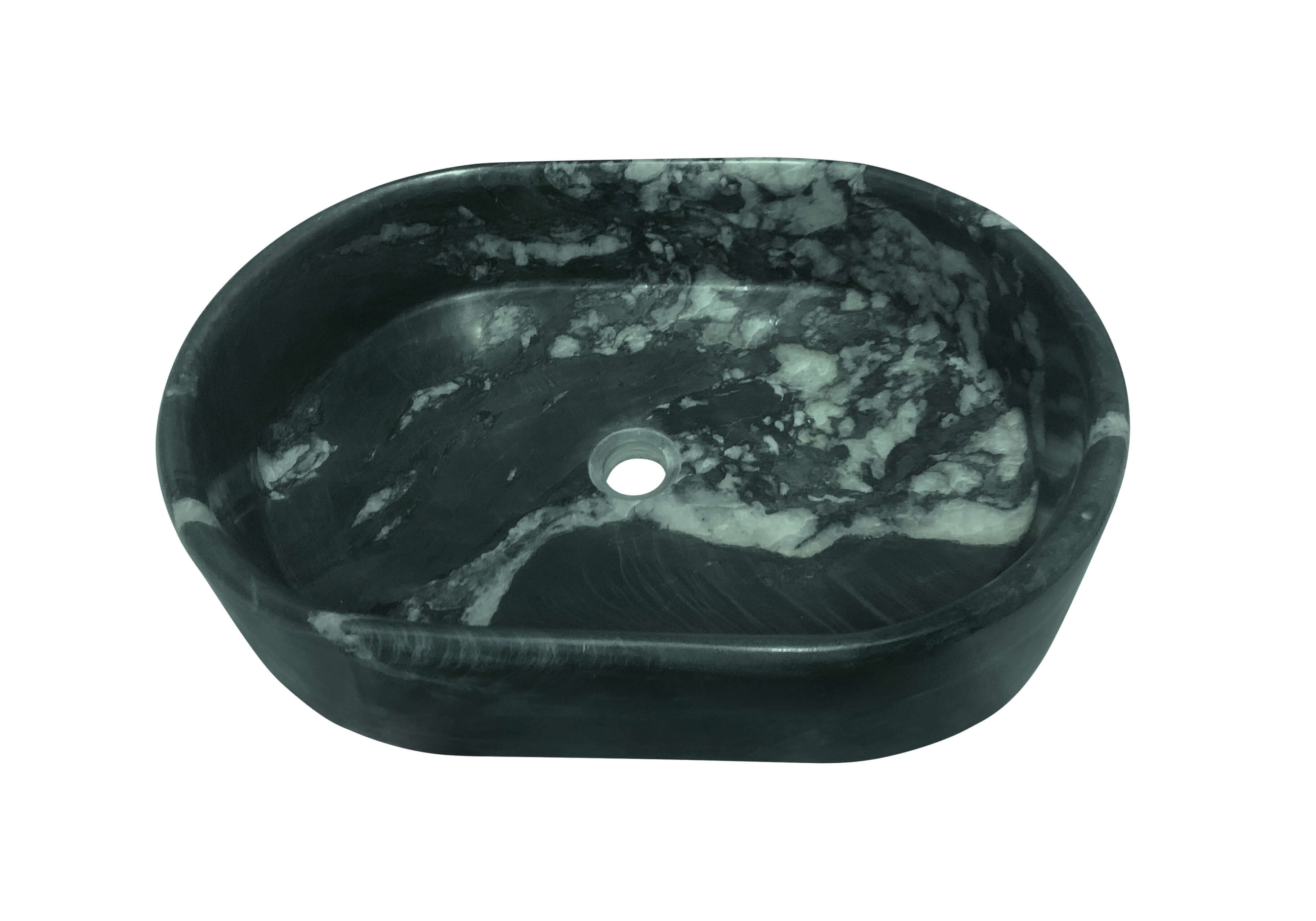 Interior view of an oval marble basin featuring a dramatic, unique white swirl pattern, emphasizing that every piece is one-of-a-kind.