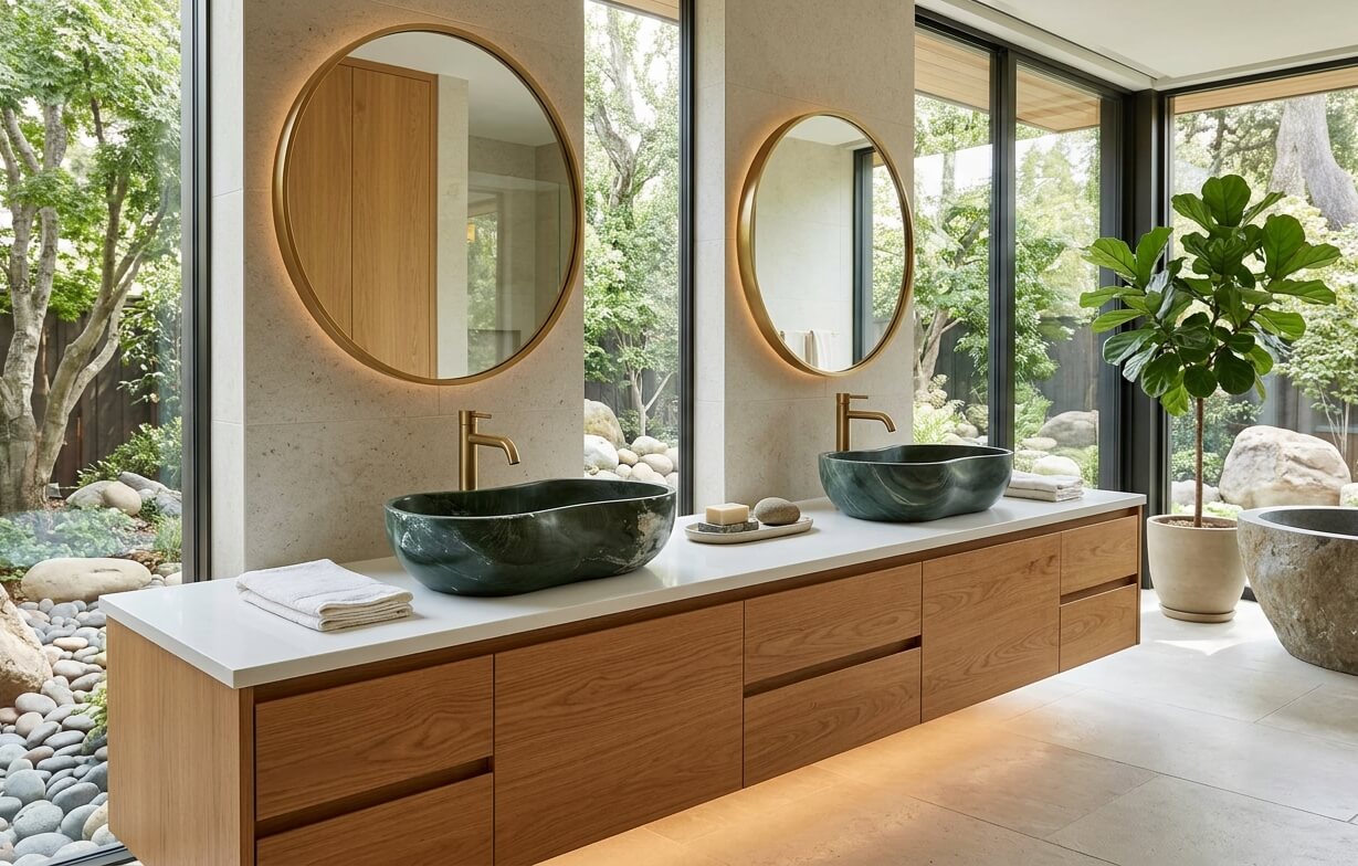 Pair of Diamond Green wavy marble vessel sinks on a white quartz countertop and light oak vanity, featuring a floor-to-ceiling window view of a Japanese-style moss garden.