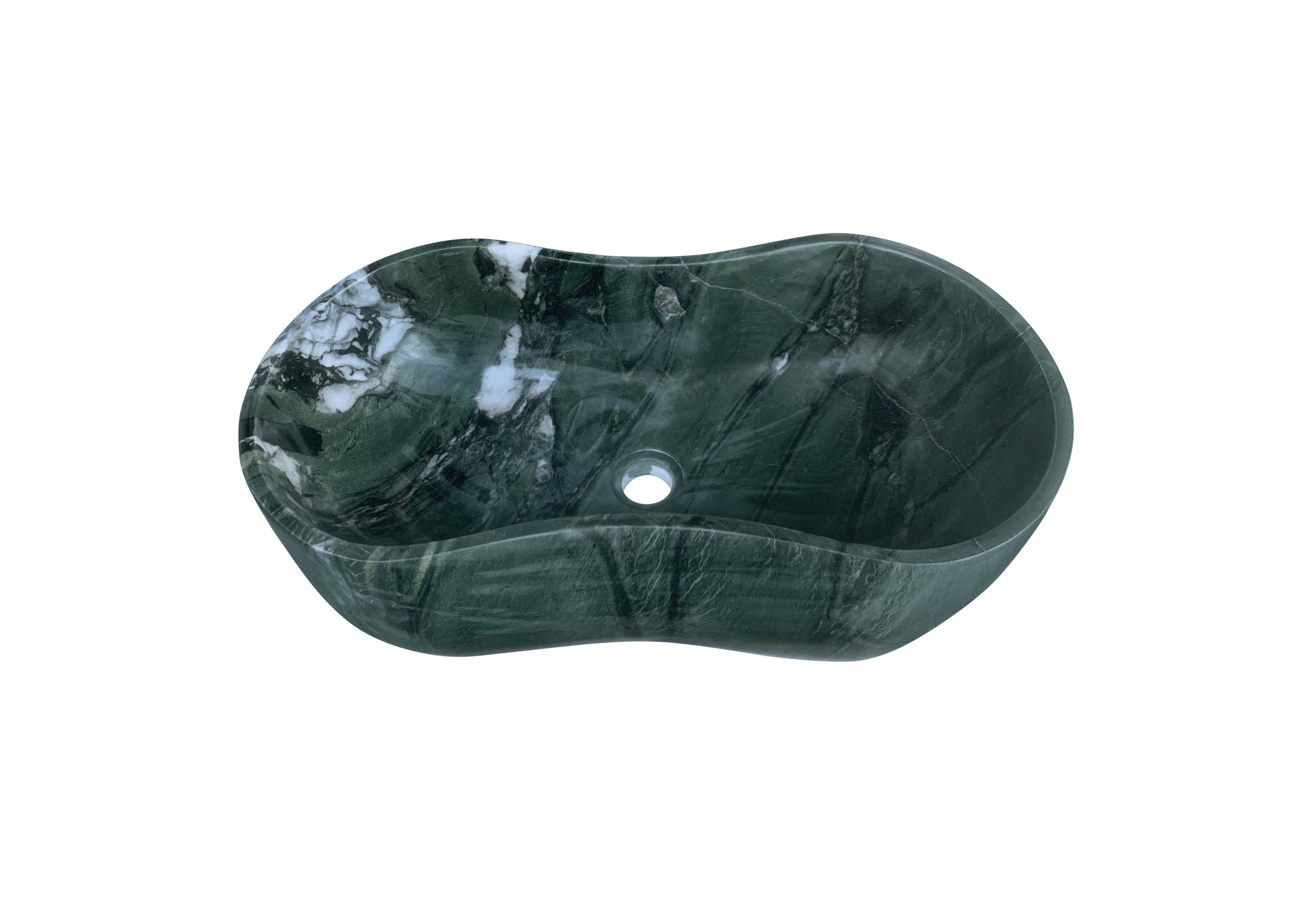 Side profile of the wavy Diamond Green marble sink, highlighting the seamless one-piece carved construction and elegant dark emerald tones.
