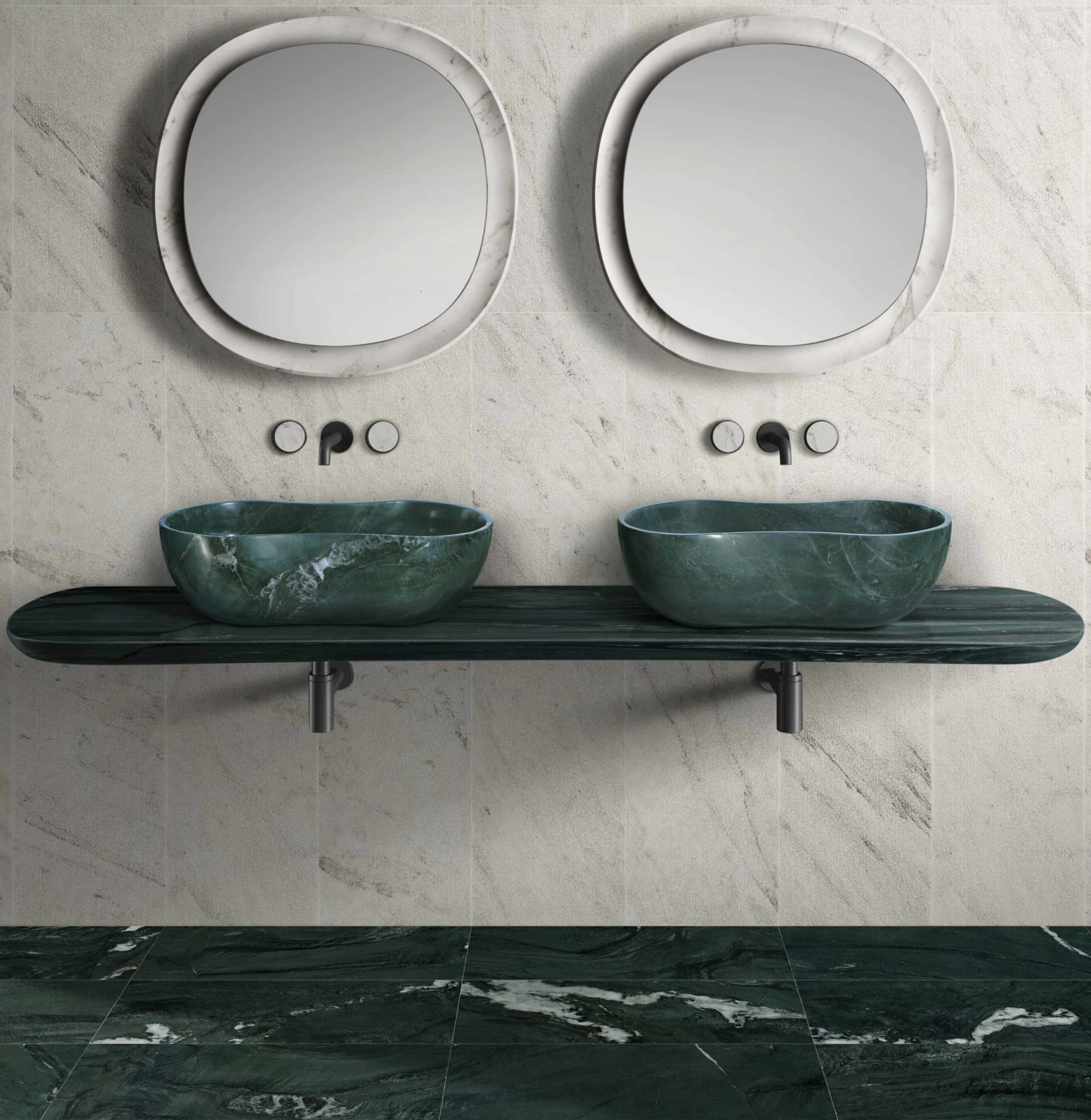 Modern bathroom design featuring 12x24 Diamond Green polished marble floor tiles, 12x24 Snow Mountain White FS linear textured wall tiles, and double Diamond Green wavy vessel sinks on a floating marble vanity.