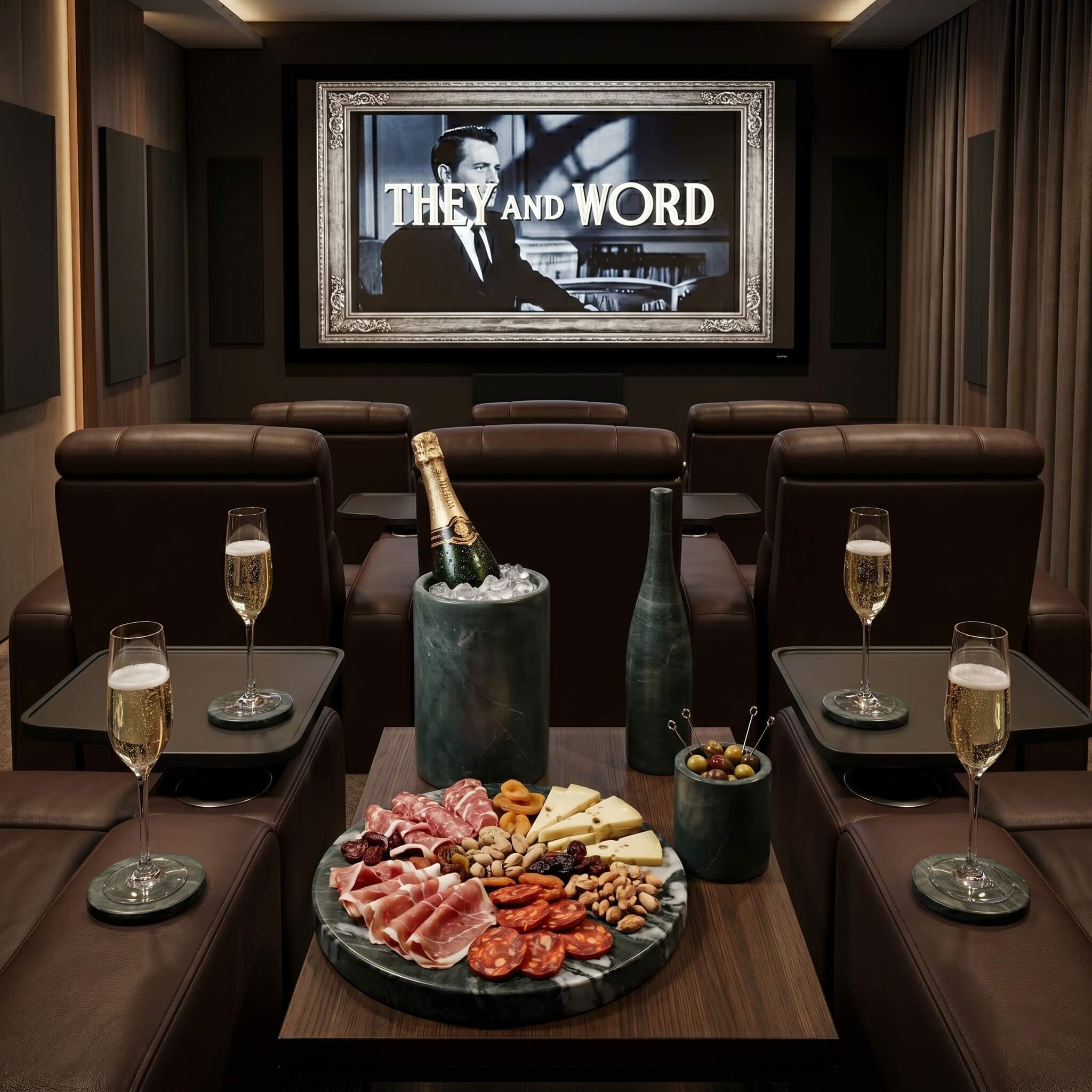 Diamond Green marble charcuterie board and champagne chiller styled in a luxury home cinema with brown leather recliners.