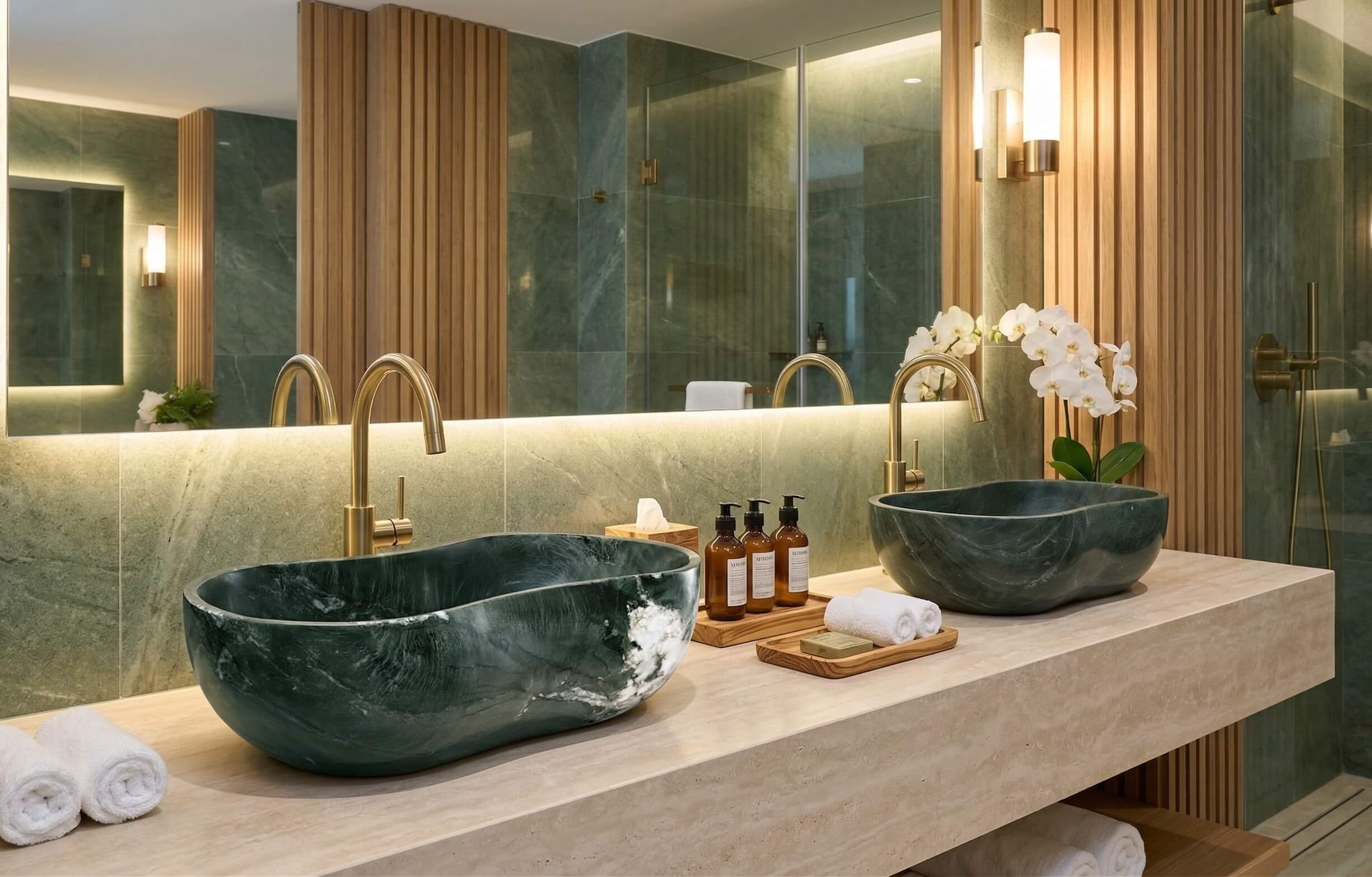 Two Diamond Green marble vessel sinks on a thick beige travertine countertop, accented by vertical wooden slats and matching green marble wall tiles in a spa-inspired master bath.