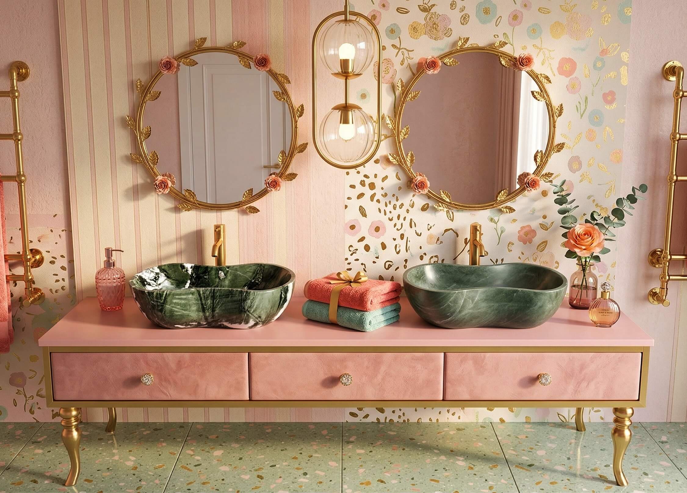 Double Diamond Green wavy marble sinks styled on a blush pink vanity with gold floral mirrors and colorful terrazzo flooring in a romantic coquette aesthetic.