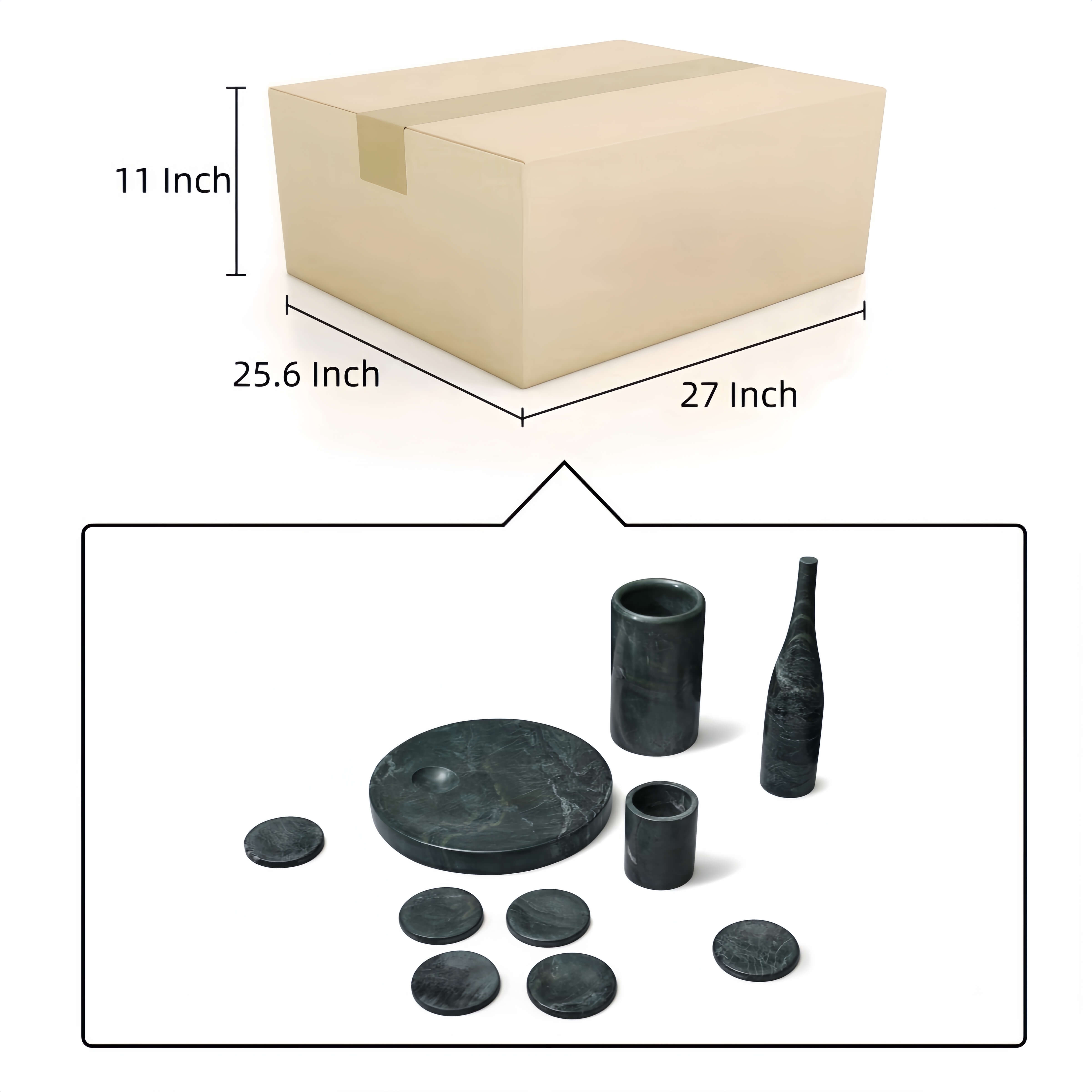 Outer shipping box dimensions (27 x 25.6 x 11 inches) for the 10-piece marble dining set, shipped from US warehouse.