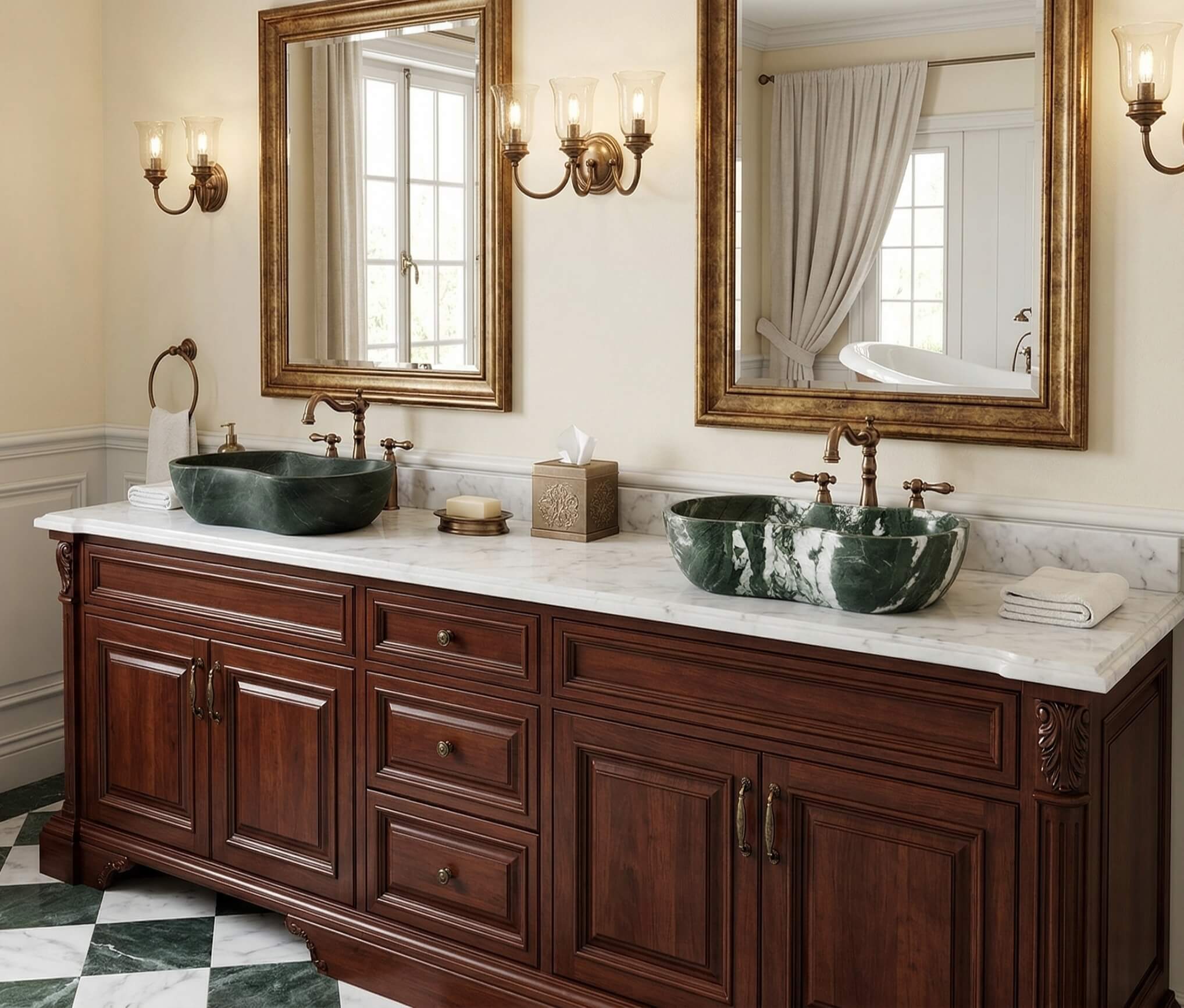 Diamond Green marble bathroom sinks on a traditional dark walnut vanity with a white marble top, featuring antique brass faucets and a green and white checkered marble floor.