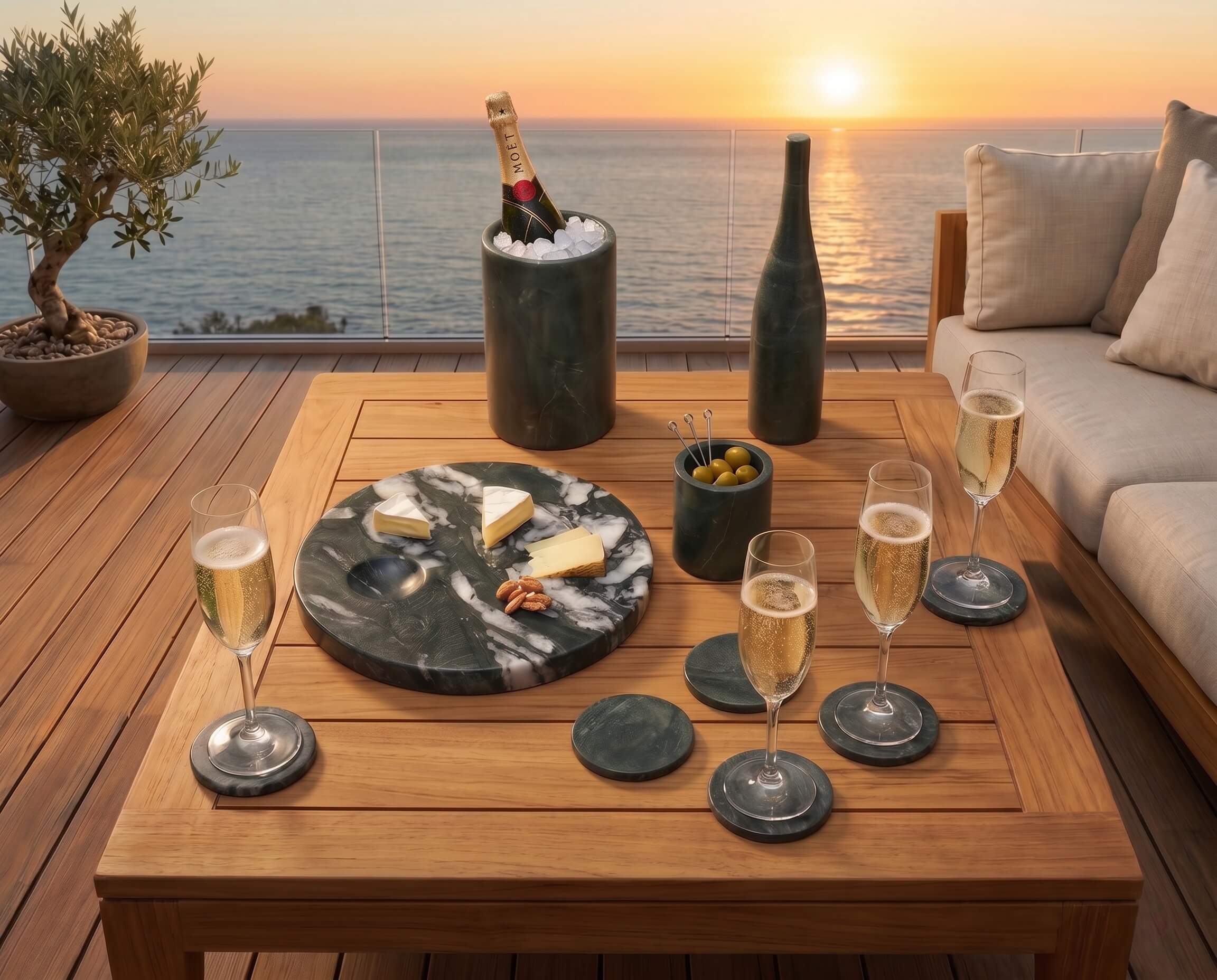 Luxury green marble coasters and wine chiller on a seaside patio during sunset, styled with champagne and cheese.