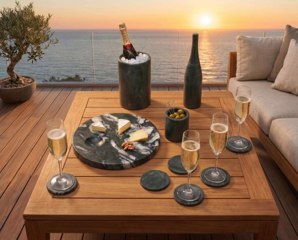 Luxury green marble coasters and wine chiller on a seaside patio during sunset, styled with champagne and cheese.