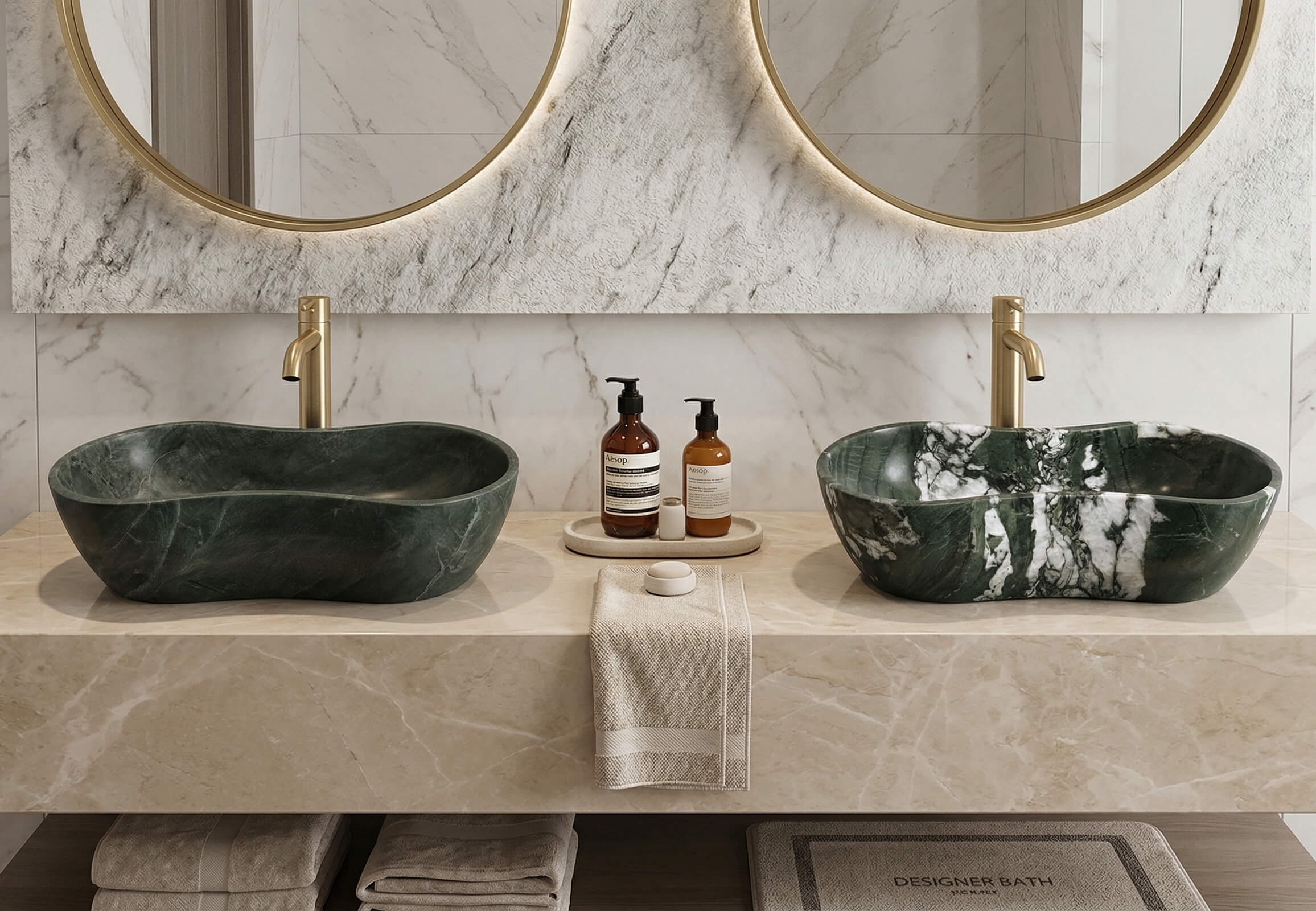 High-end master bathroom with double Diamond Green wavy marble sinks on a beige marble vanity, paired with round backlit mirrors and white marble wall panels.